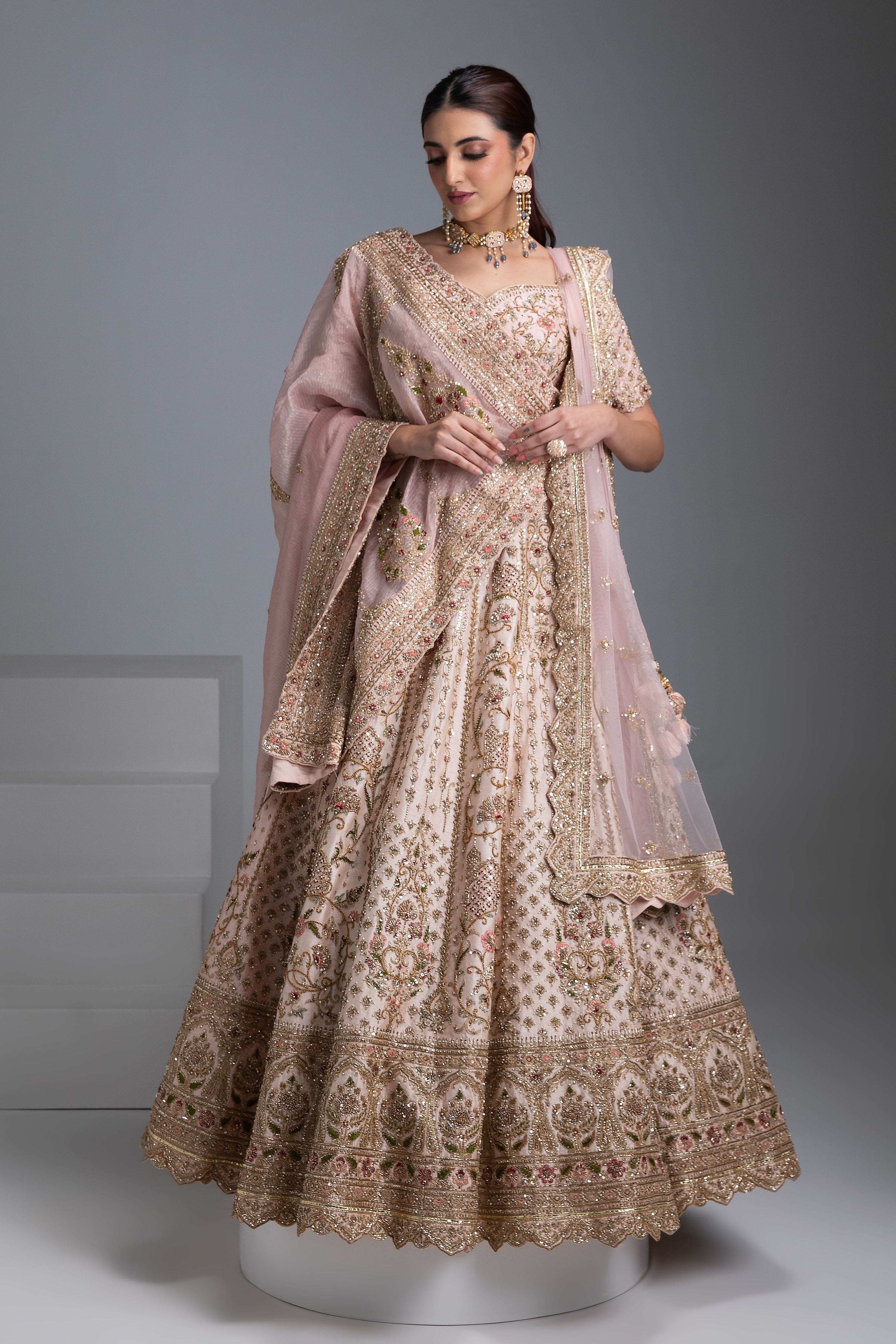 Pastel Pink Double drape lehenga Set - Mokshaa