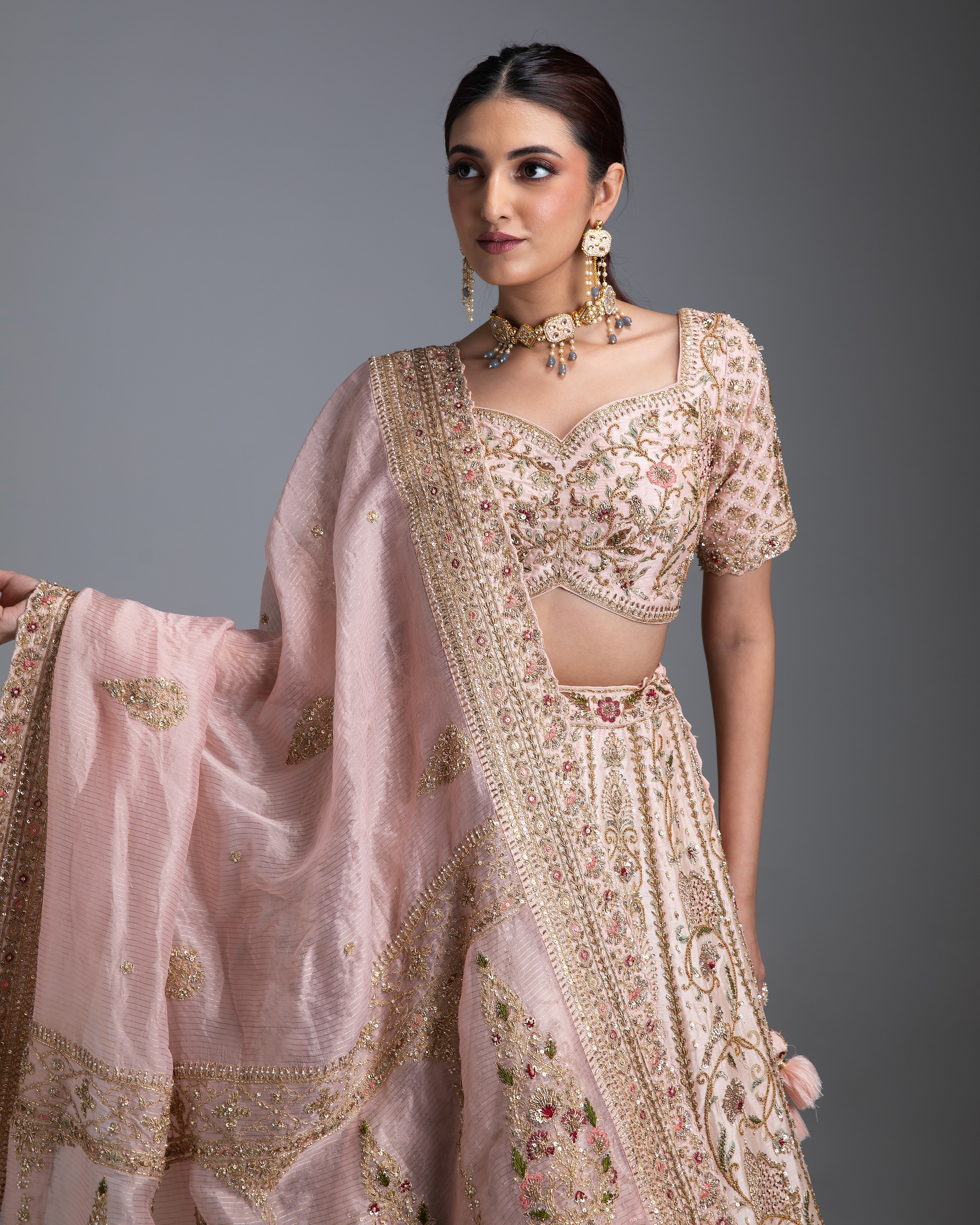 Pastel Pink Double drape lehenga Set - Mokshaa