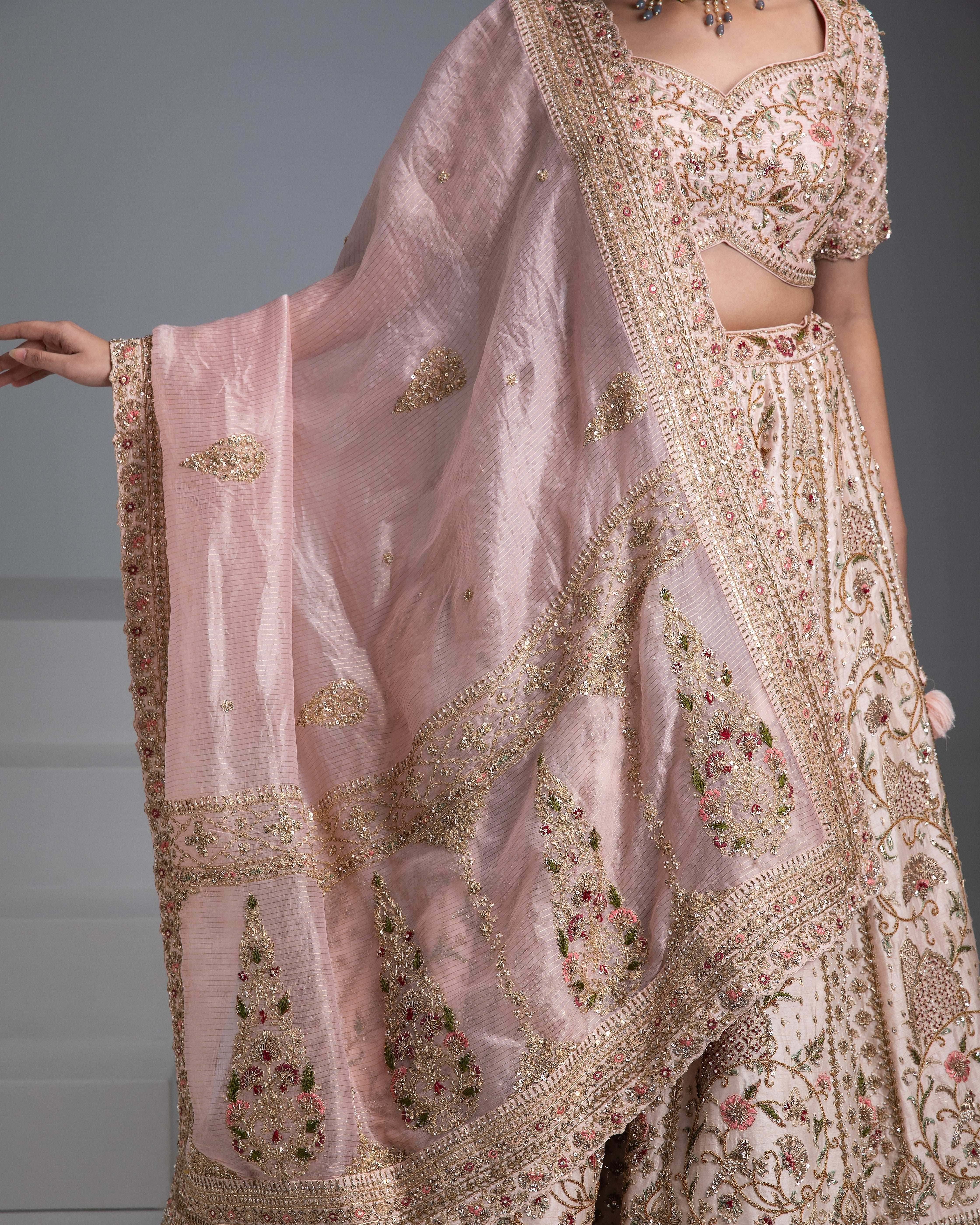 Pastel Pink Double drape lehenga Set - Mokshaa