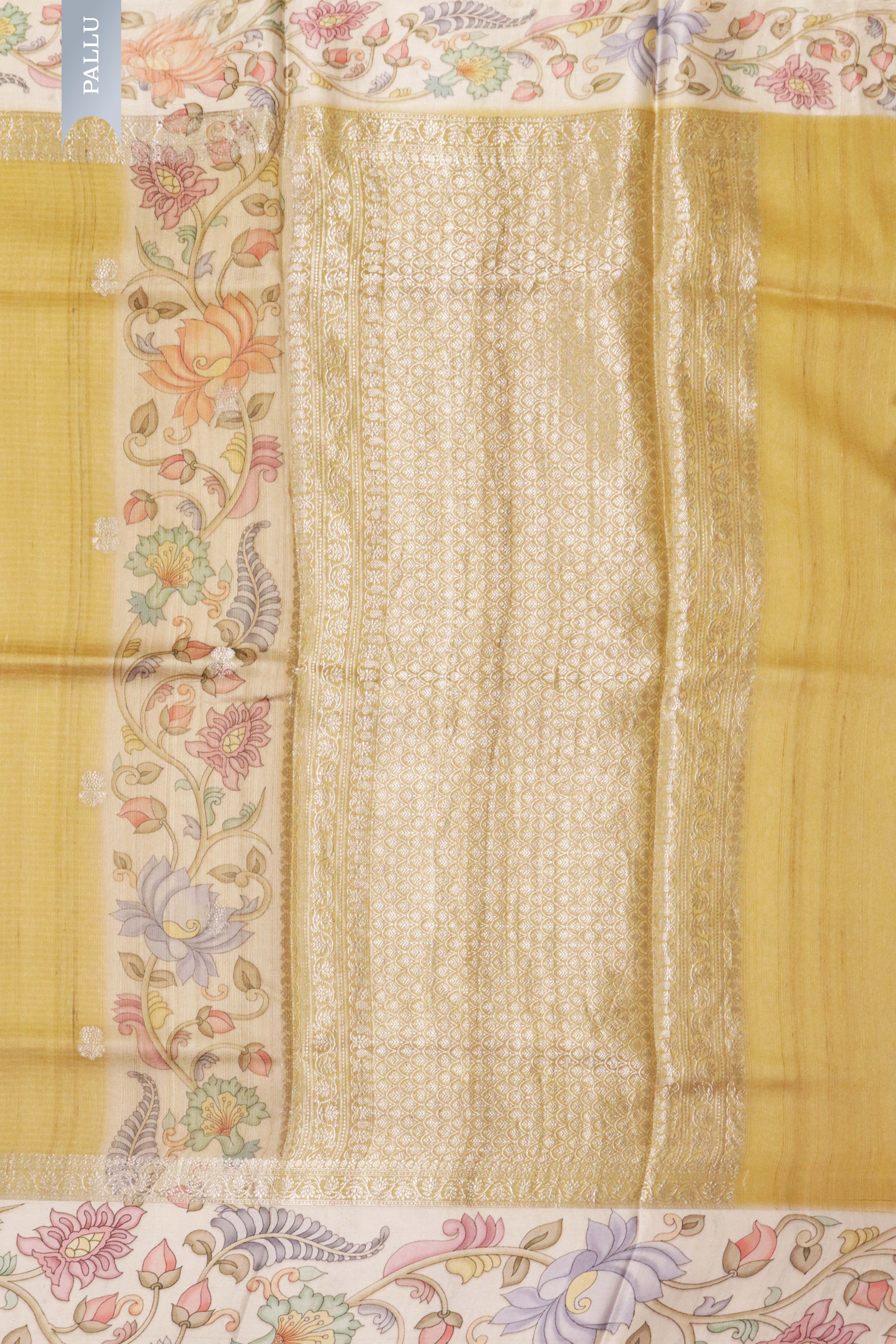 Banaras Tussar Silk Saree in Golden with Zari Motifs & Kalamkari Border