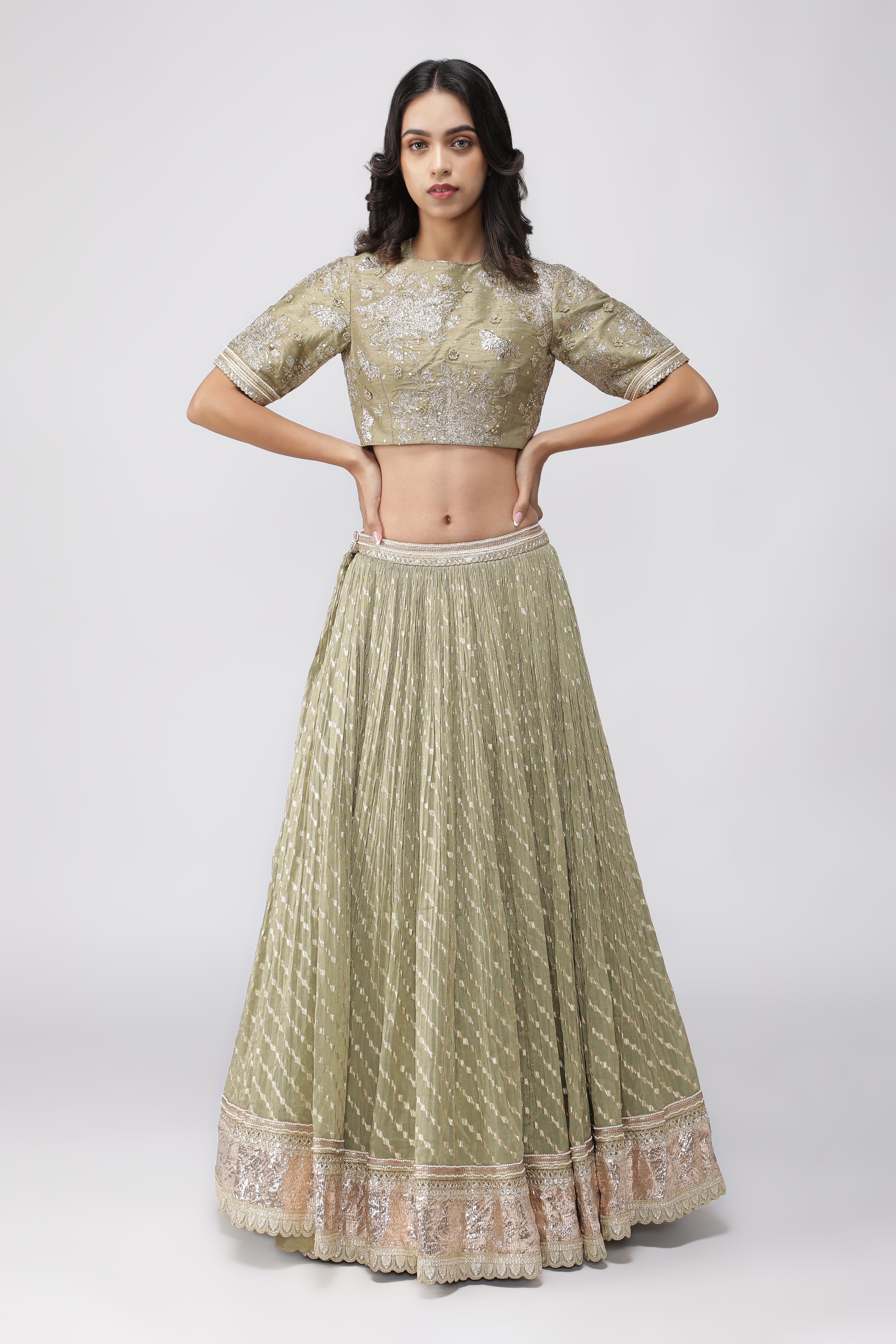 Green Chanderi Tissue Lehenga with Zari and Sequins Embroidery