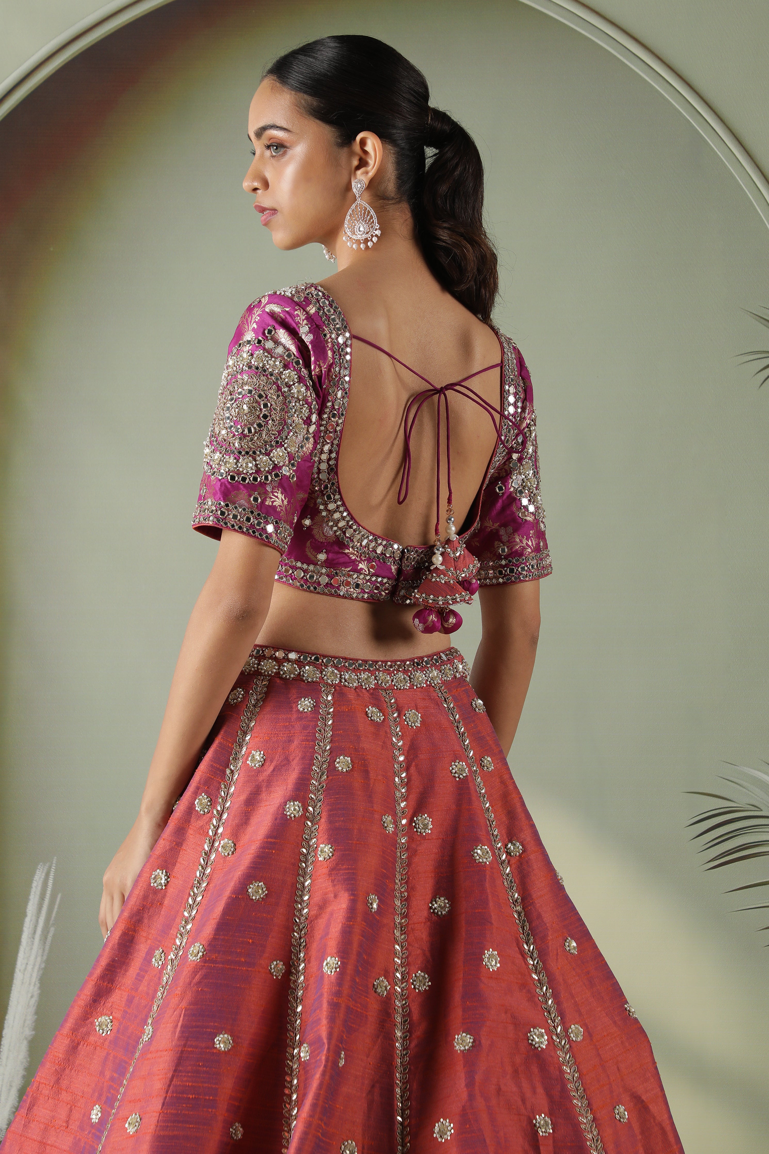 Dark Coral Raw Silk Mirror Work Lehenga Set