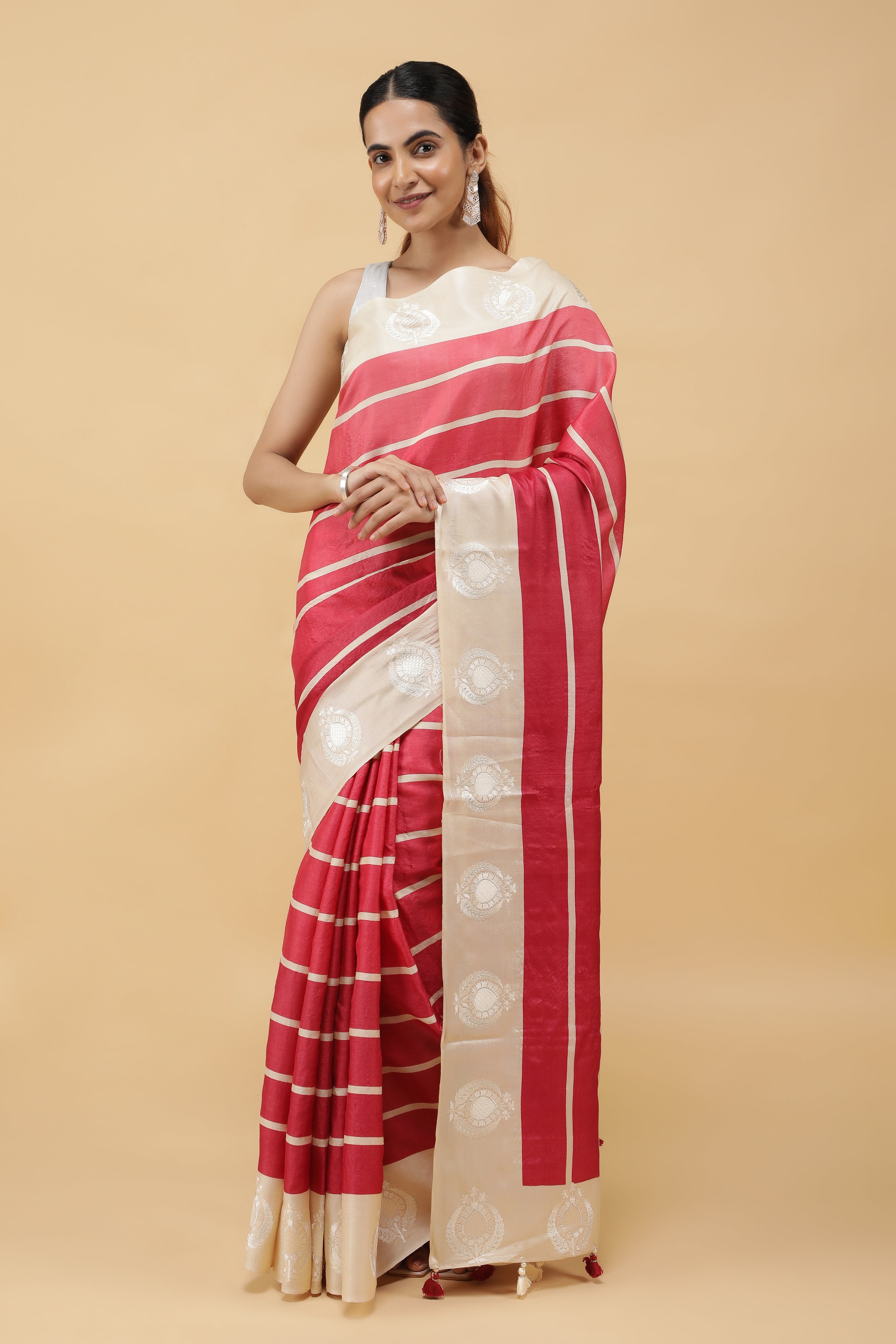 Pinkish Red Tussar Silk Saree with Contrast Motifs