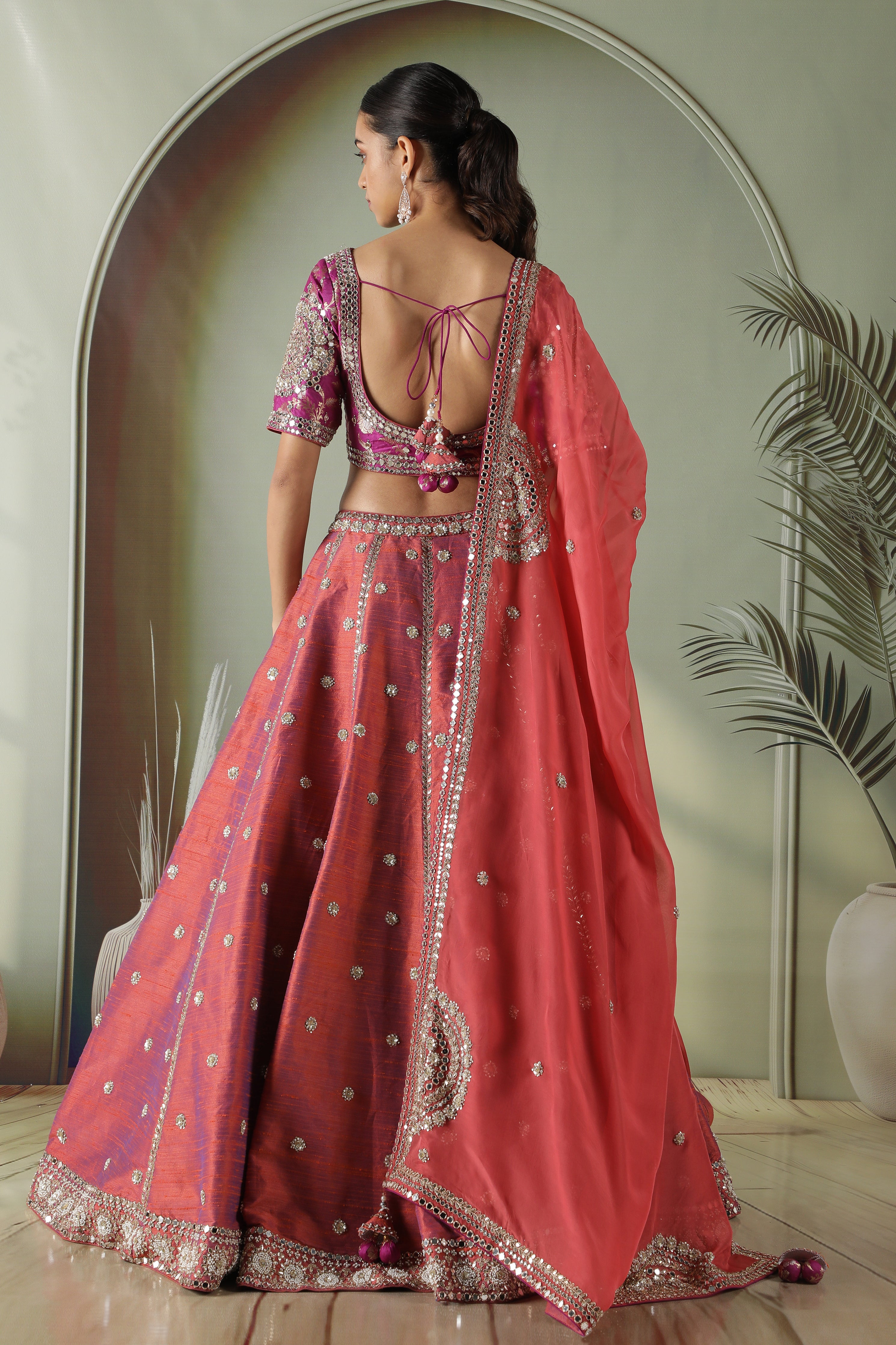 Dark Coral Raw Silk Mirror Work Lehenga Set