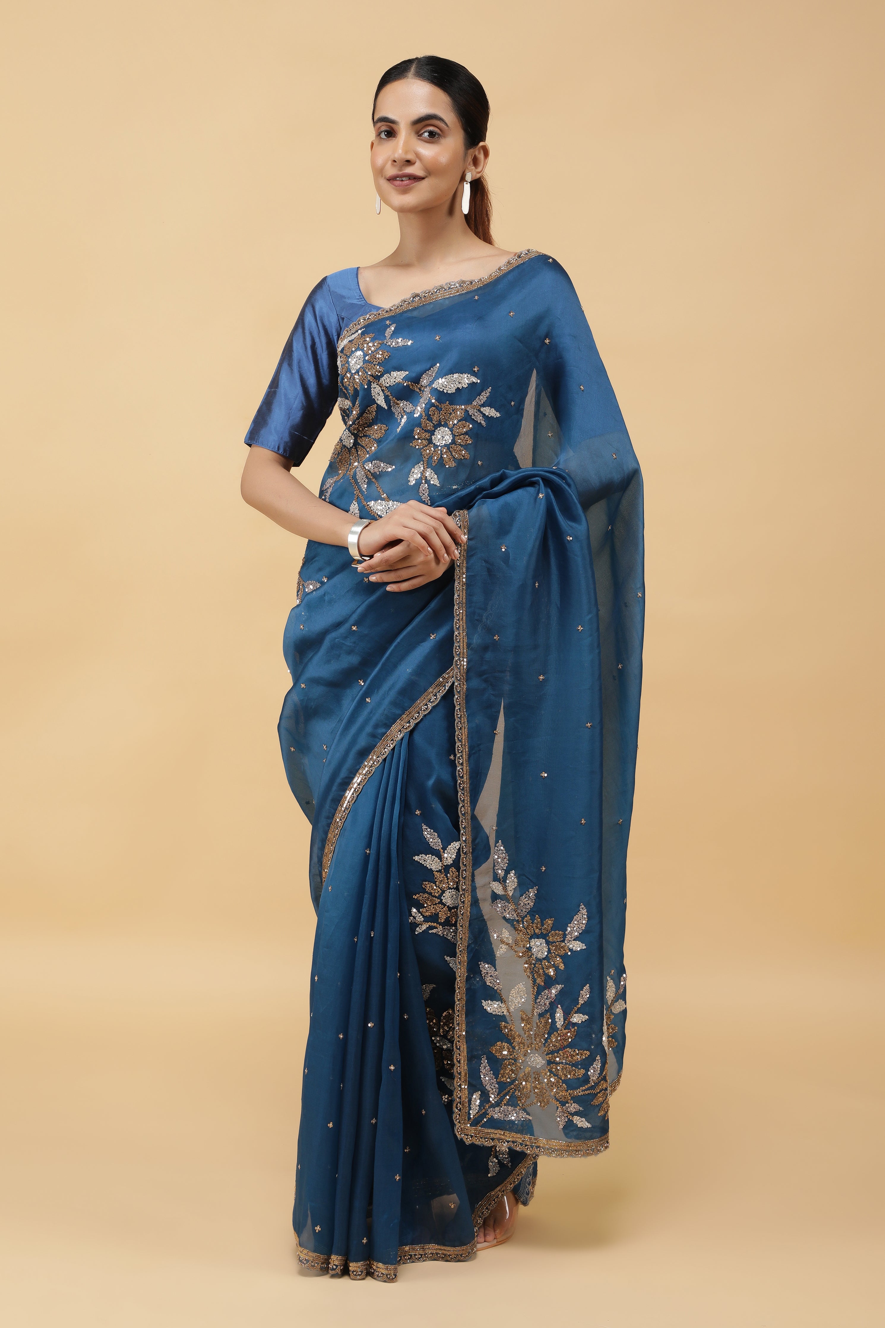 Serulel Blue  Organza Saree with Sequin Embroidery
