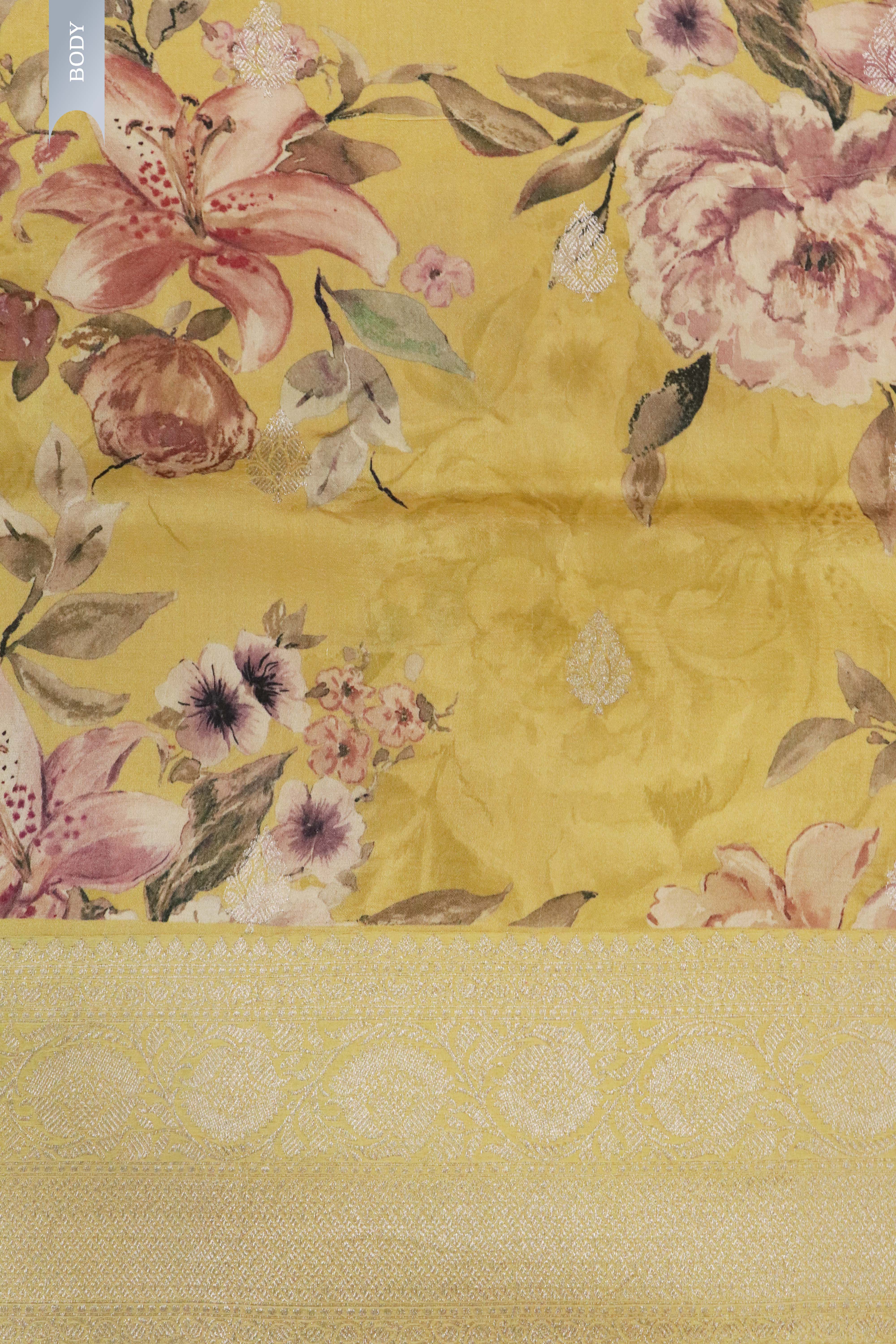 Tussar Silk Saree in Mustard Yellow with Floral Print & Zari Border