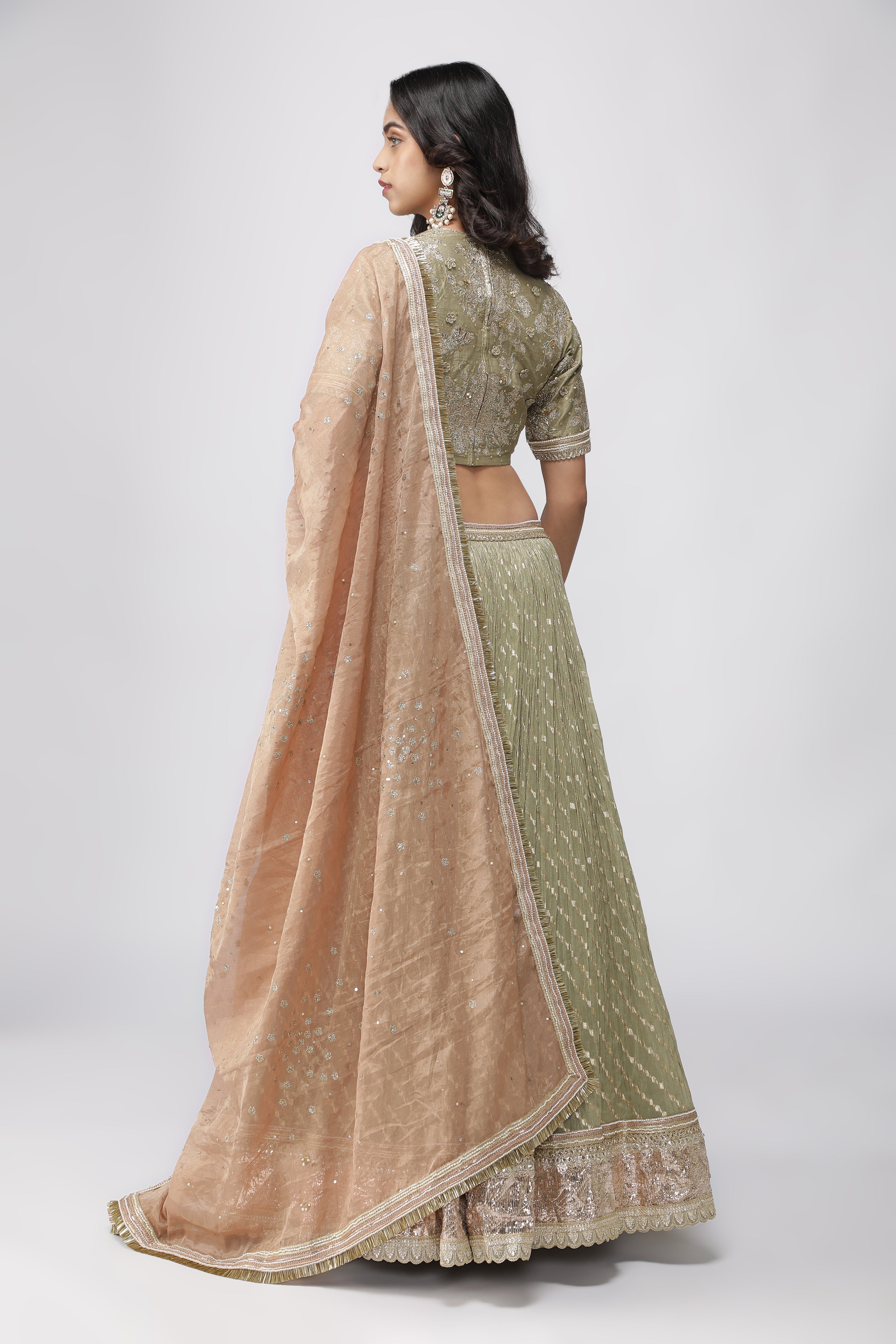 Green Chanderi Tissue Lehenga with Zari and Sequins Embroidery