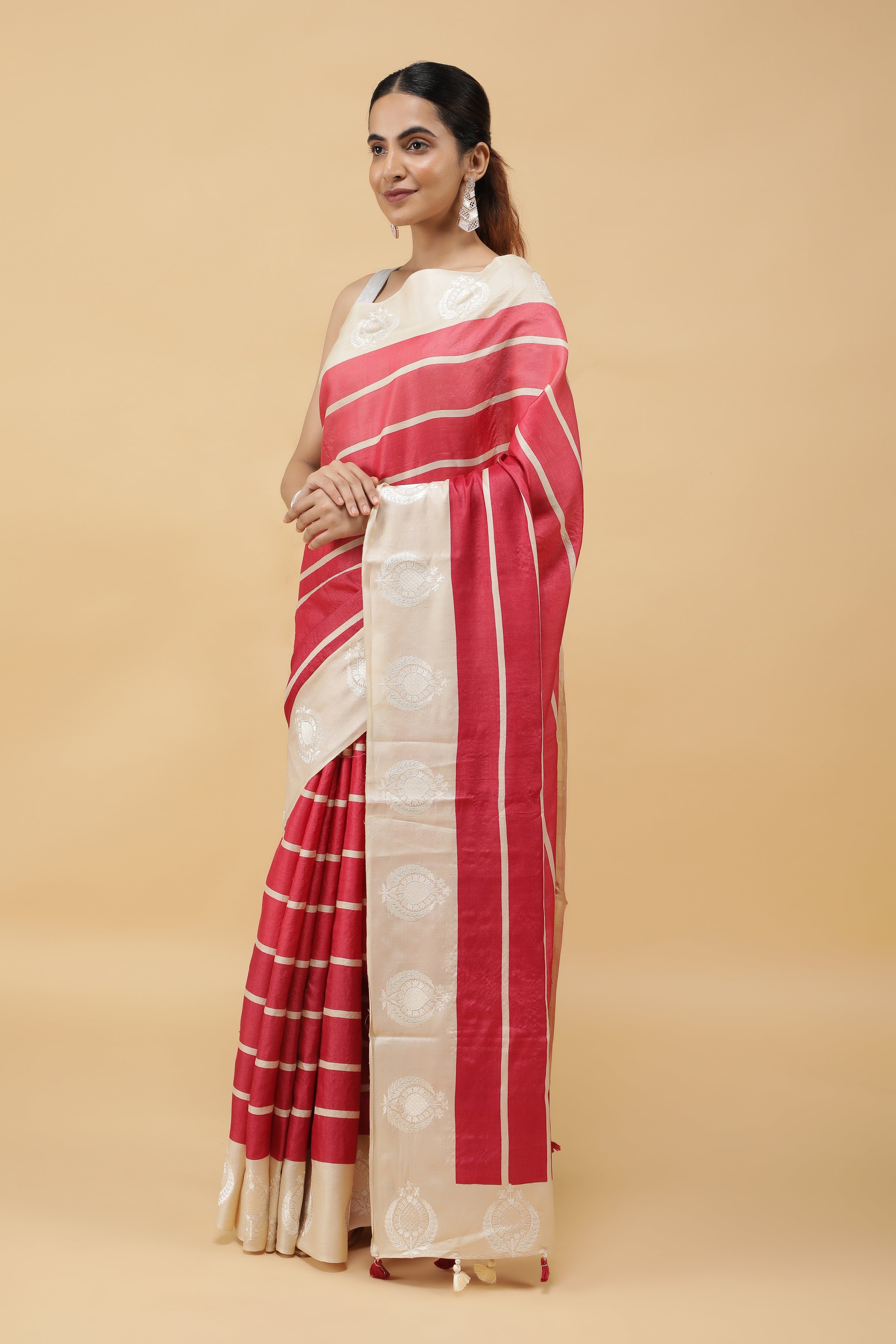 Pinkish Red Tussar Silk Saree with Contrast Motifs