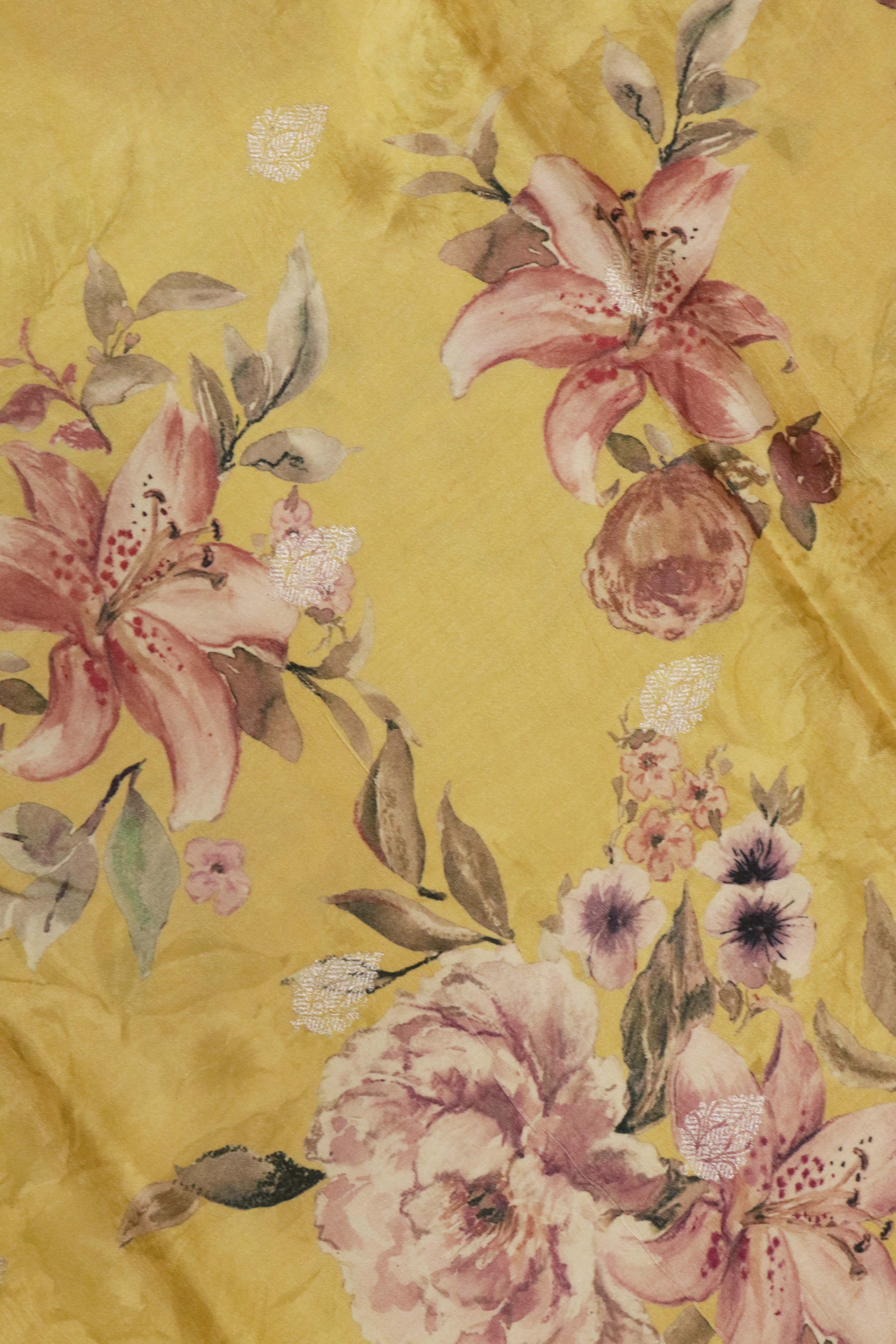 Tussar Silk Saree in Mustard Yellow with Floral Print & Zari Border