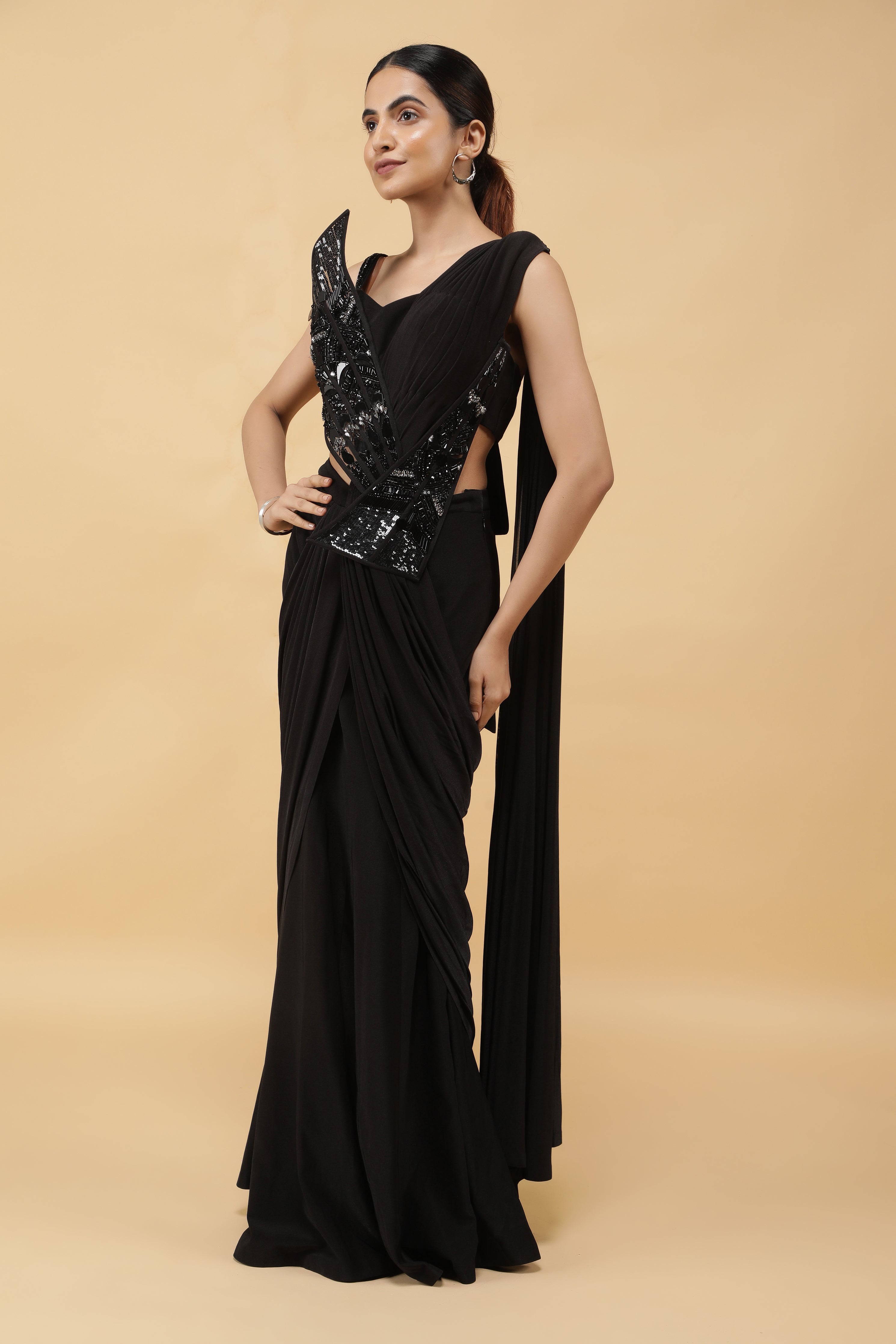 Midnight Luxe Kutdana Embroidered Draped Saree Gown