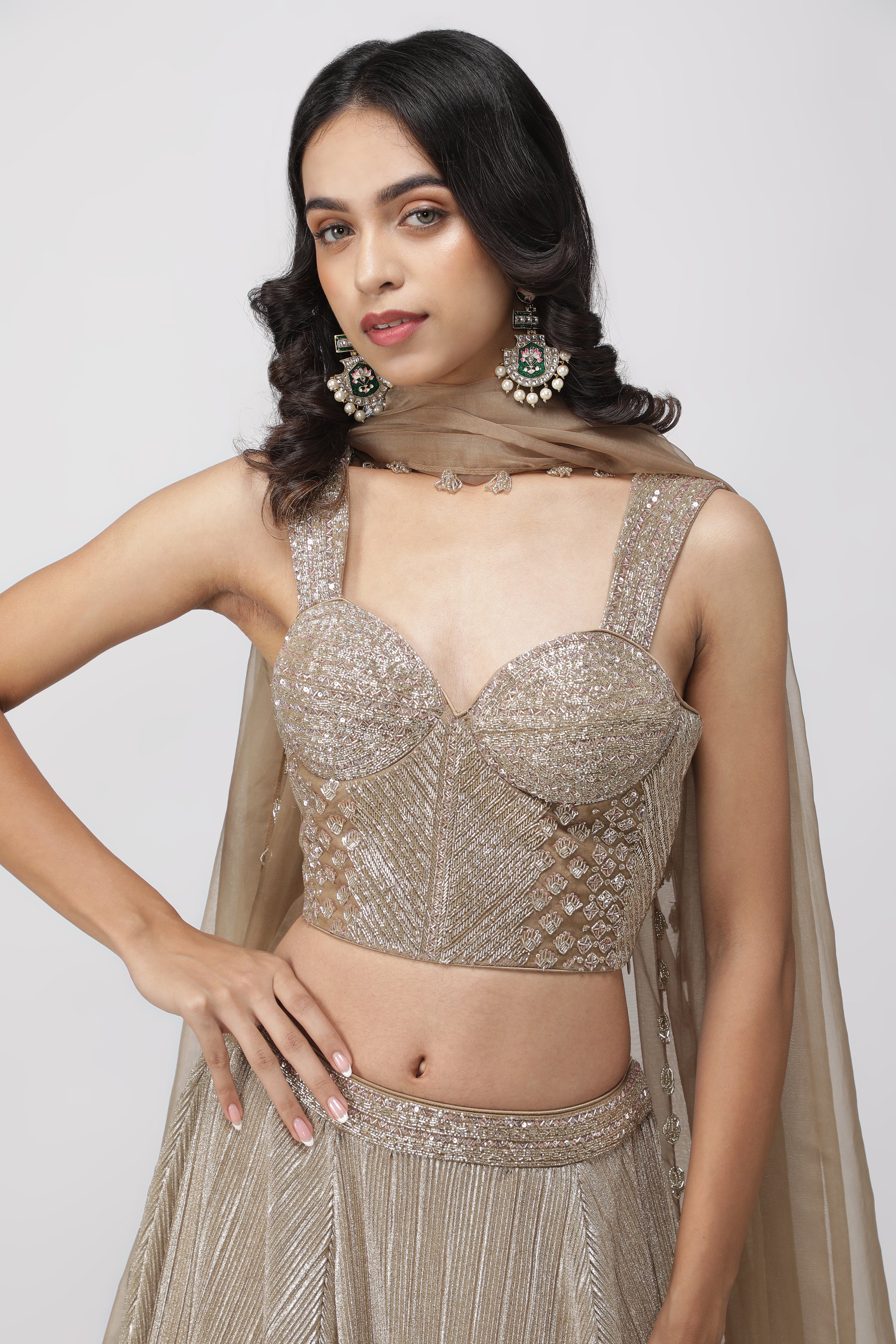 Dark Gold Crush Lehenga with Corset Blouse