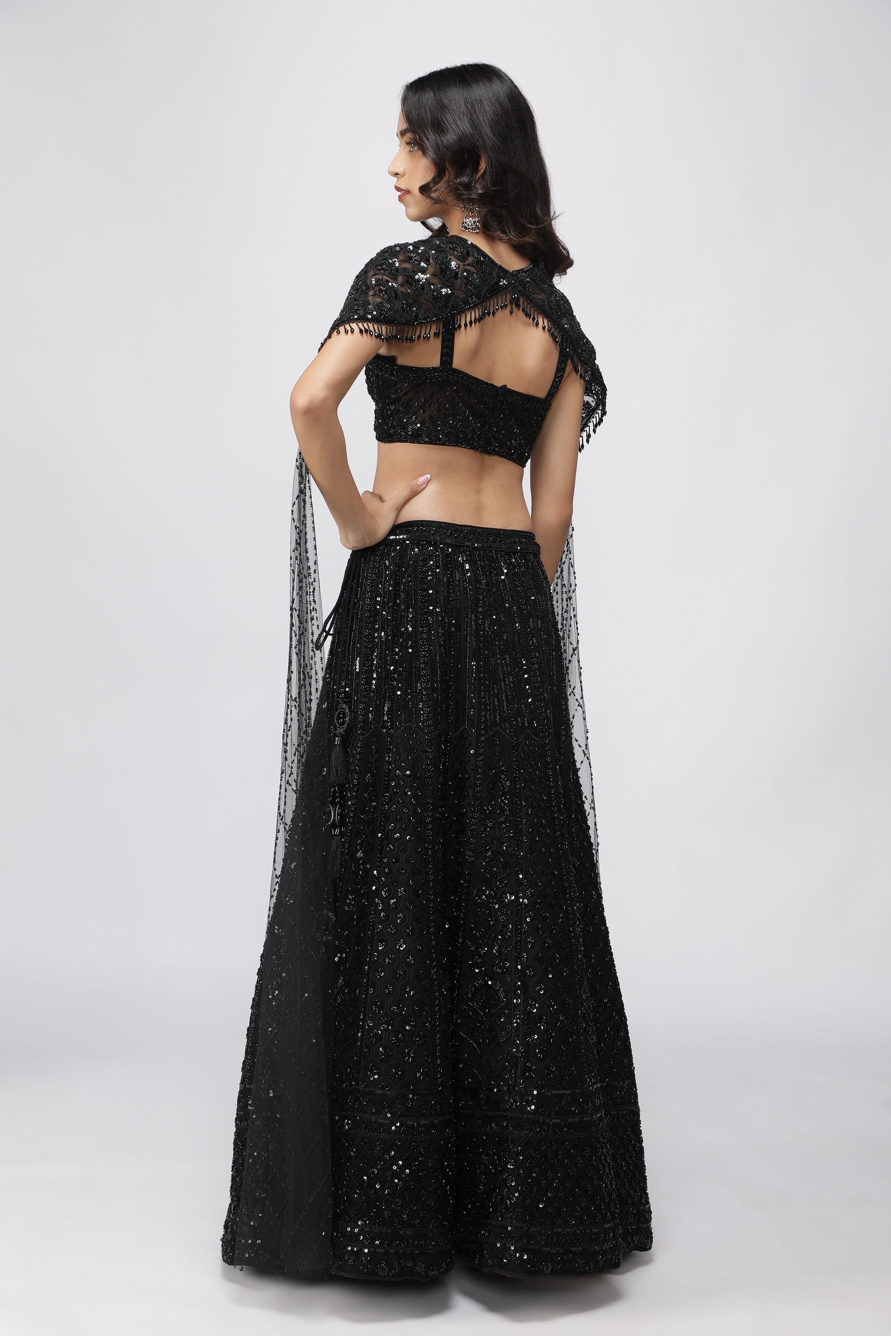 Black Net Embroidered Lehenga Set with Cape Dupatta