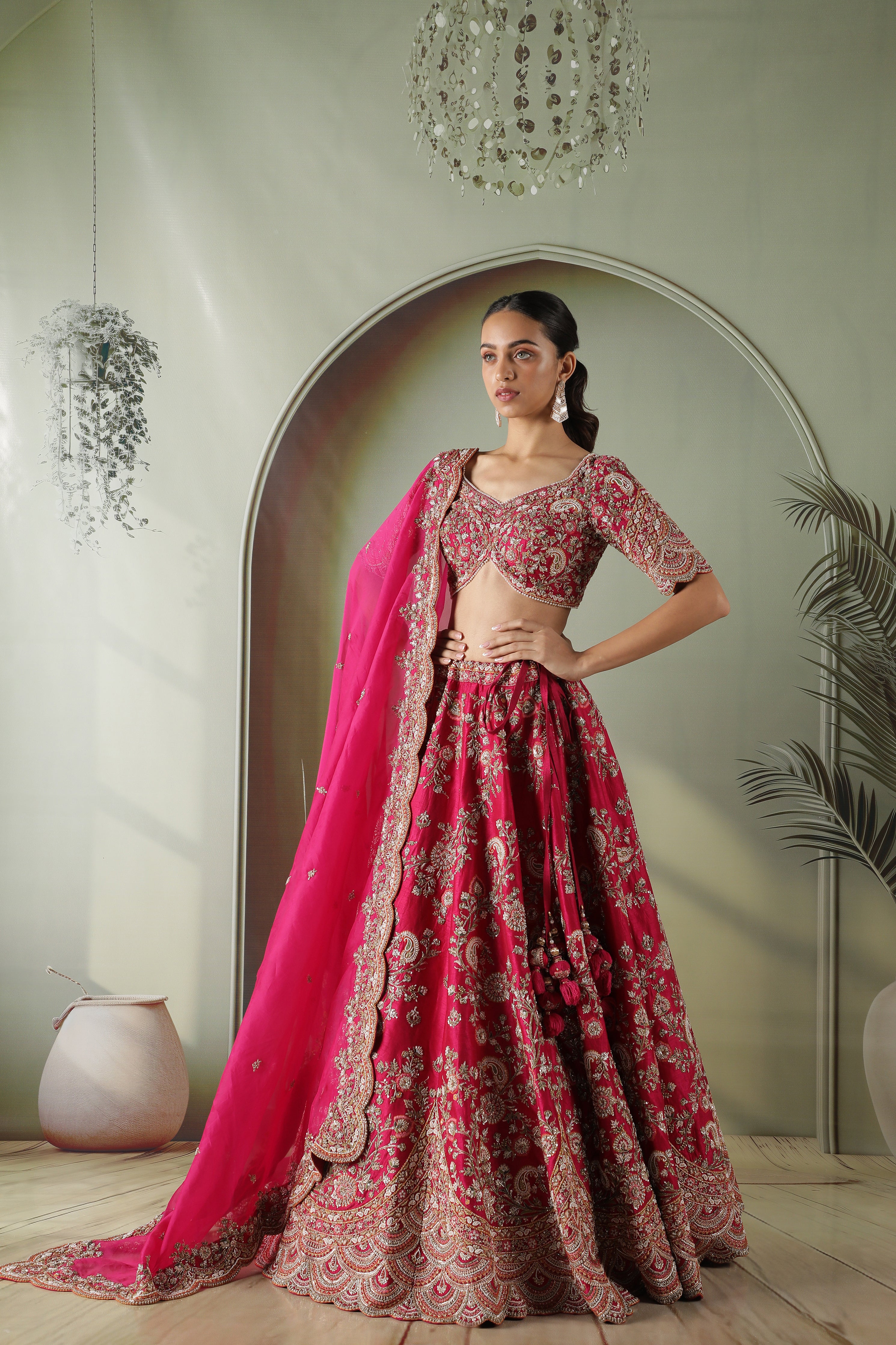 Pink Raw Silk Bridal Lehenga with Organza Dupatta
