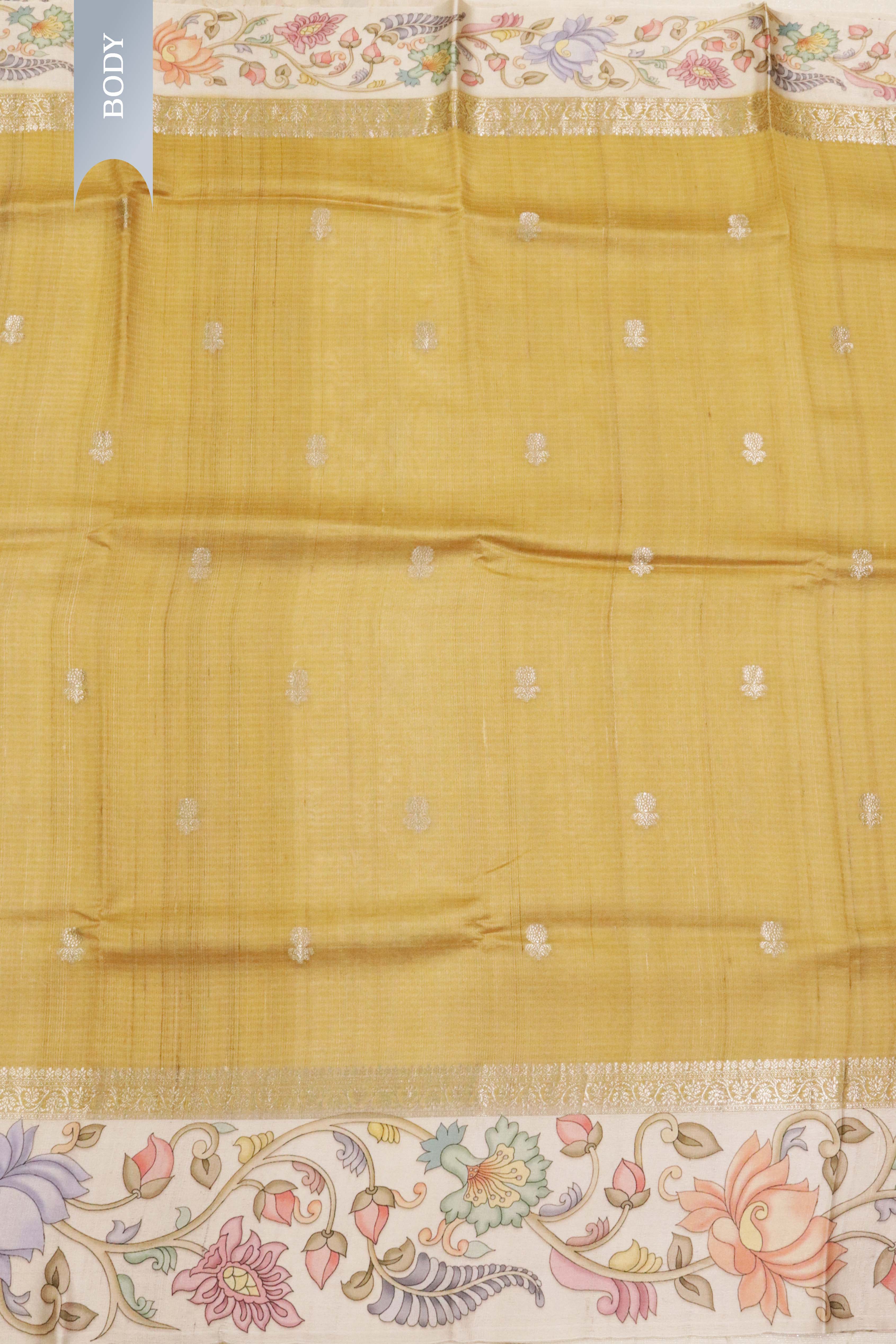 Banaras Tussar Silk Saree in Golden with Zari Motifs & Kalamkari Border