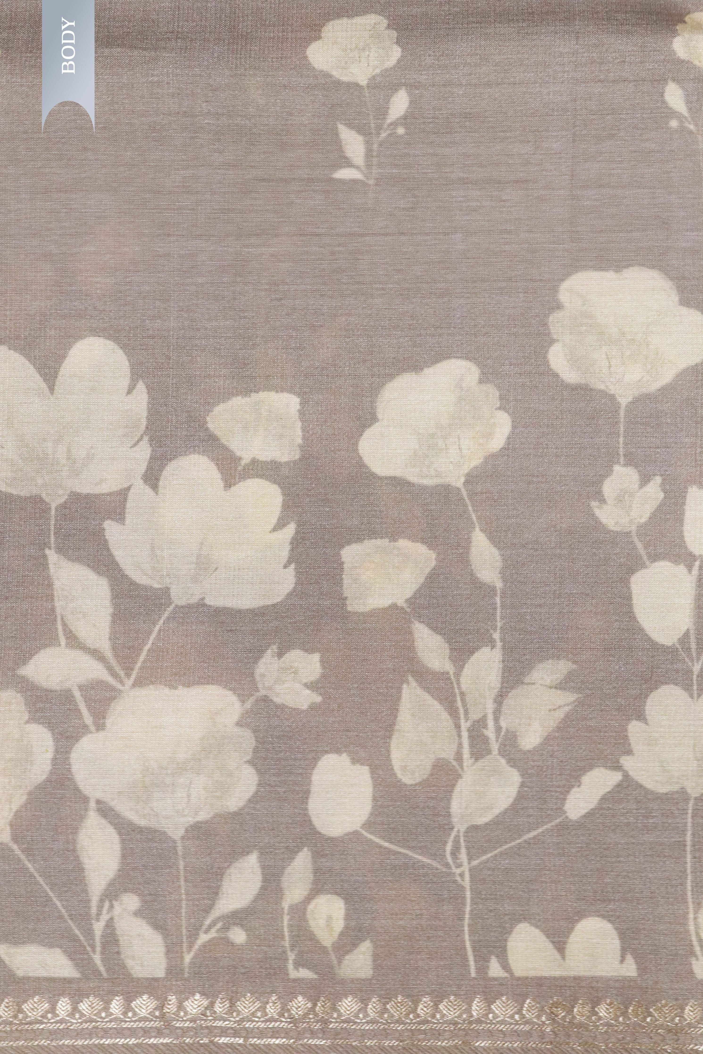Dust Grey Tussar Silk Saree with All-Over Floral Print and Woven Border - Mokshaa
