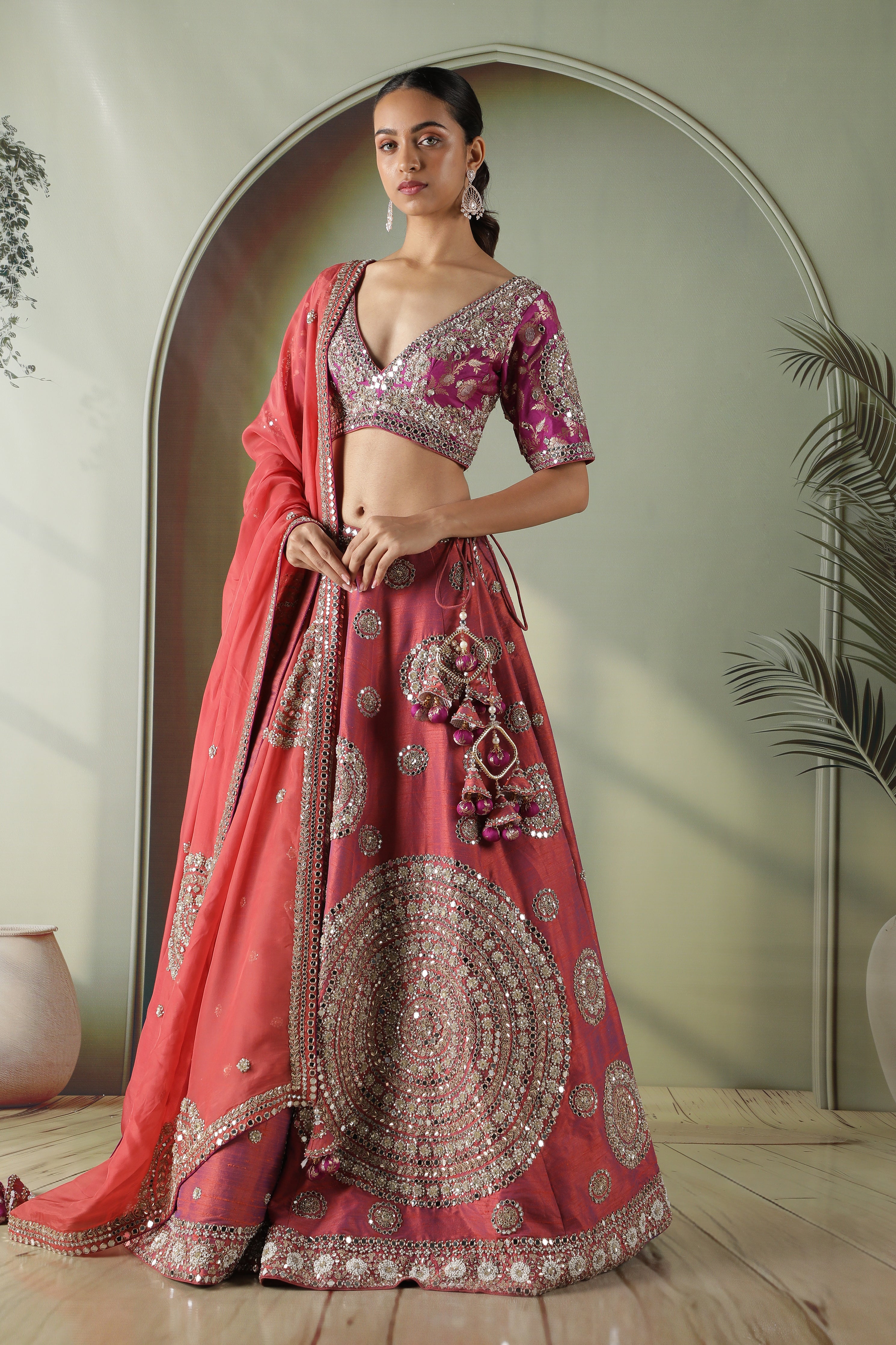 Dark Coral Raw Silk Mirror Work Lehenga Set