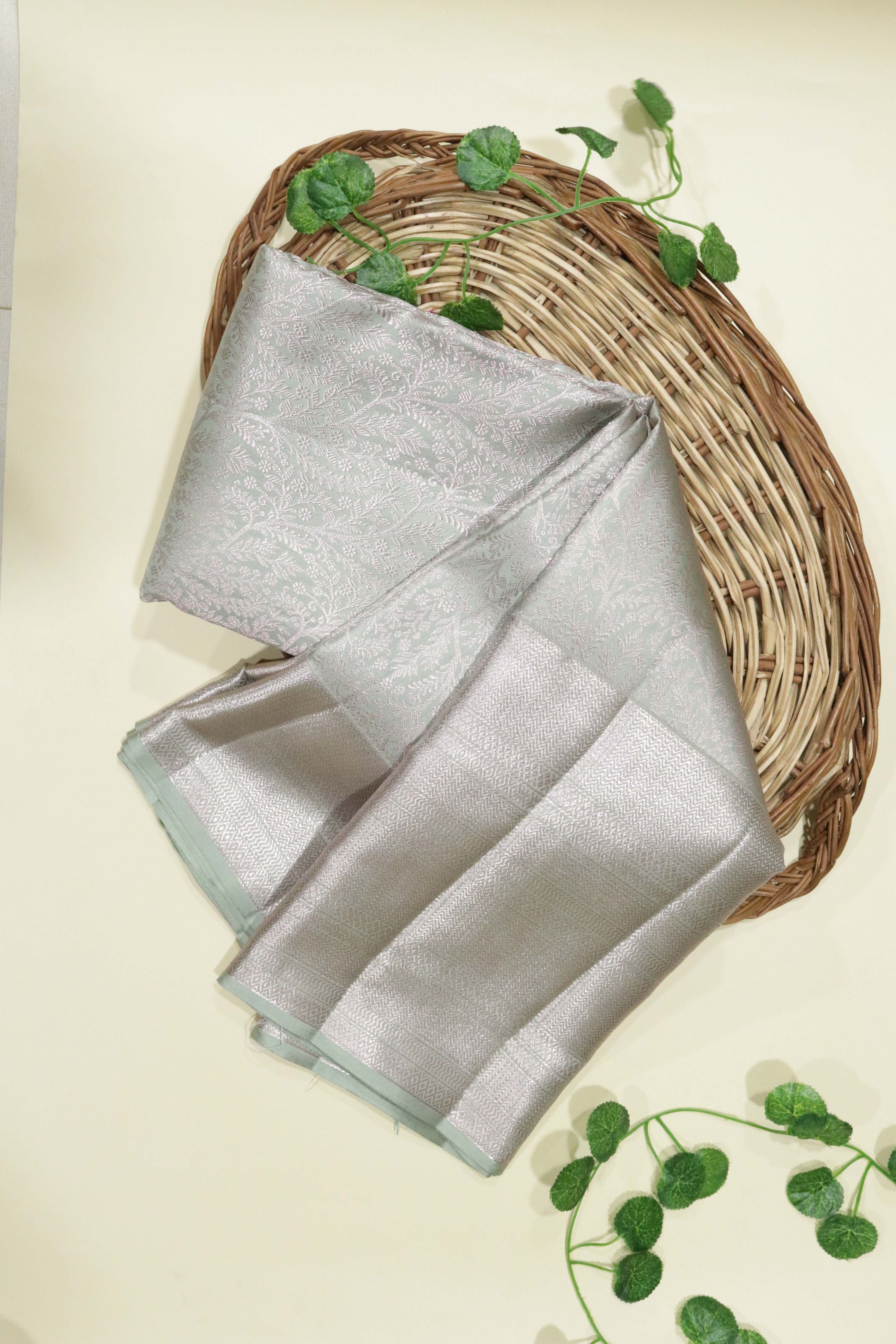 Pastel Green Kanchipuram Silk Saree with Rose Gold Zari - Mokshaa