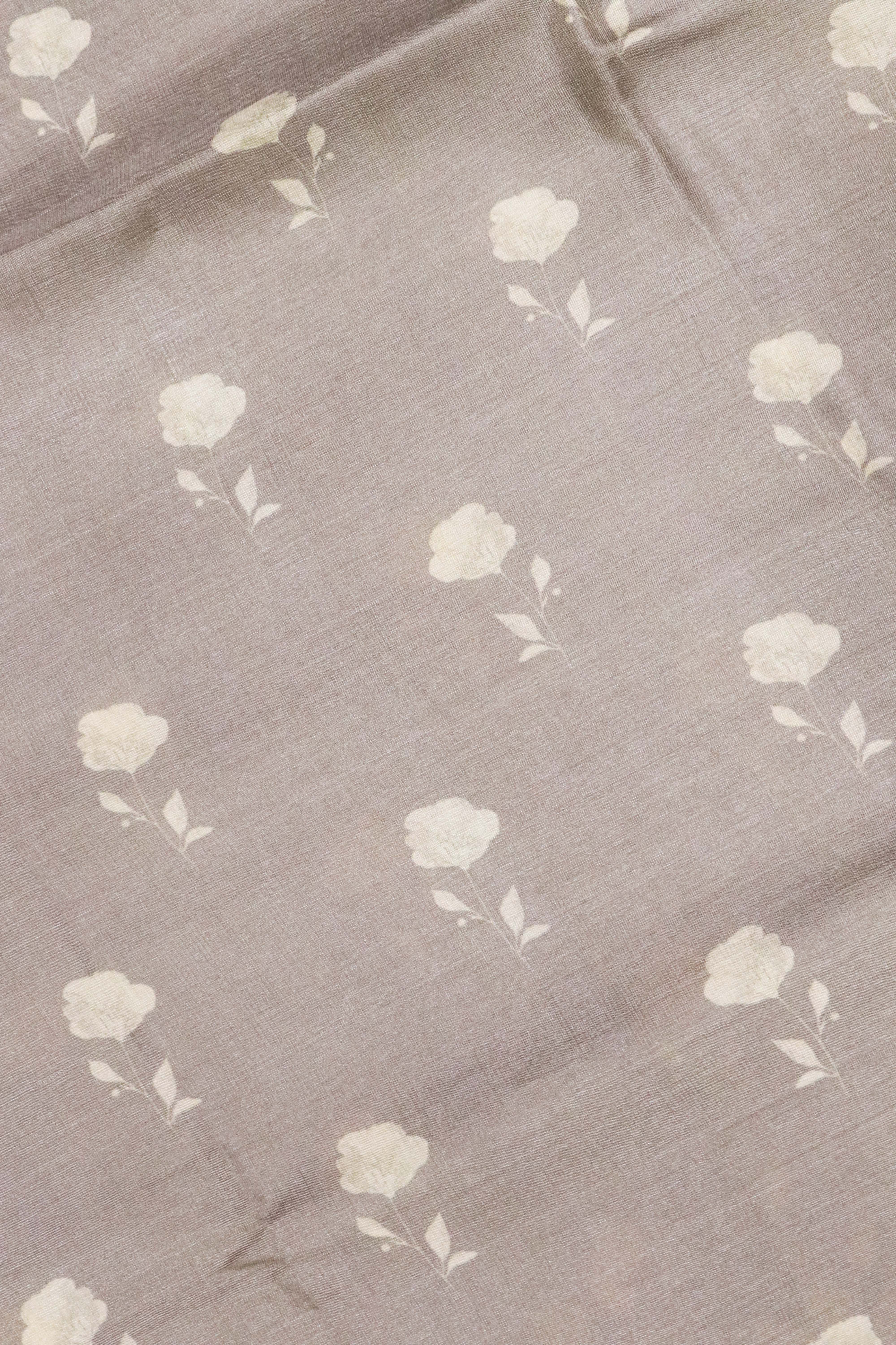 Dust Grey Tussar Silk Saree with All-Over Floral Print and Woven Border