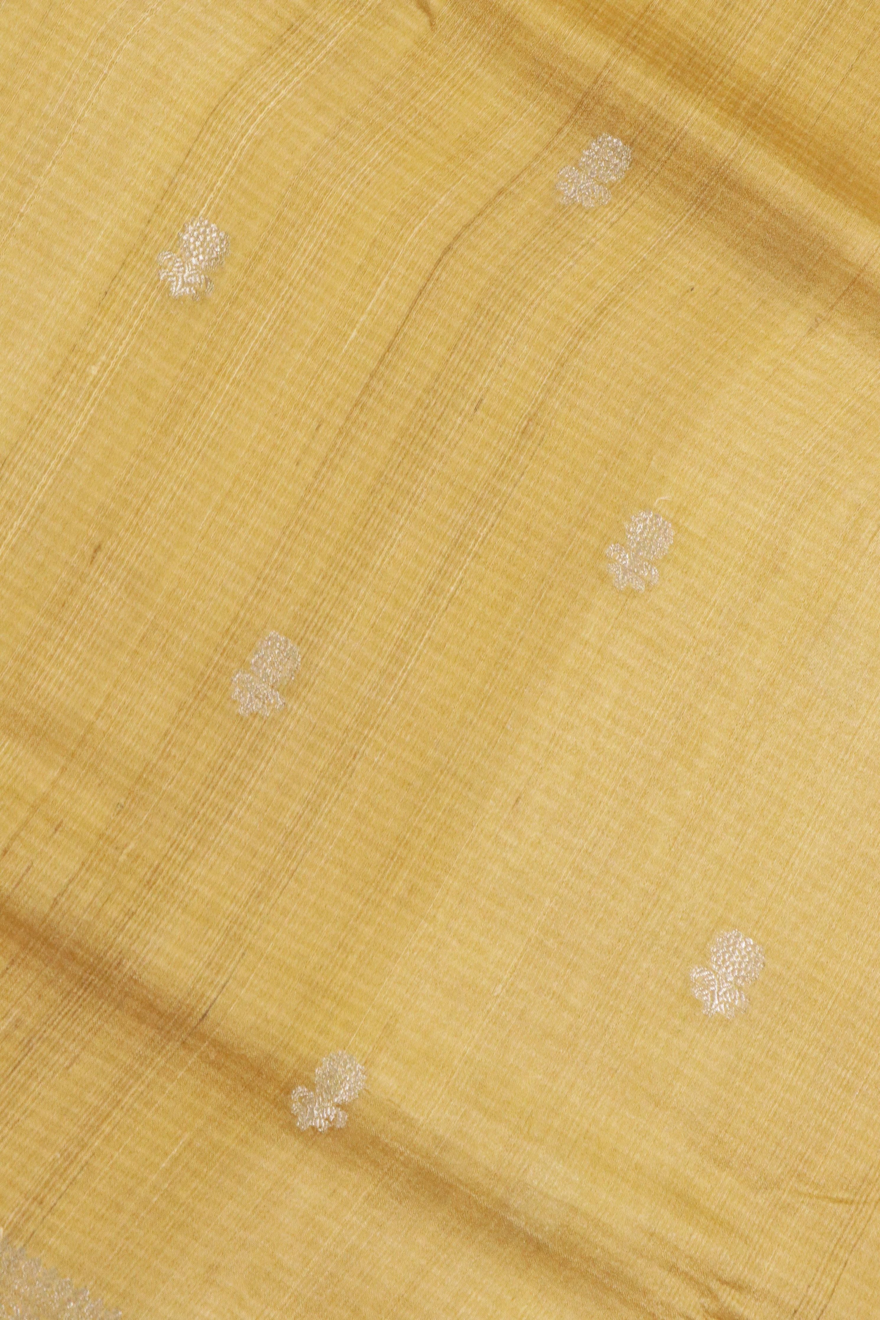 Banaras Tussar Silk Saree in Golden with Zari Motifs & Kalamkari Border - Mokshaa