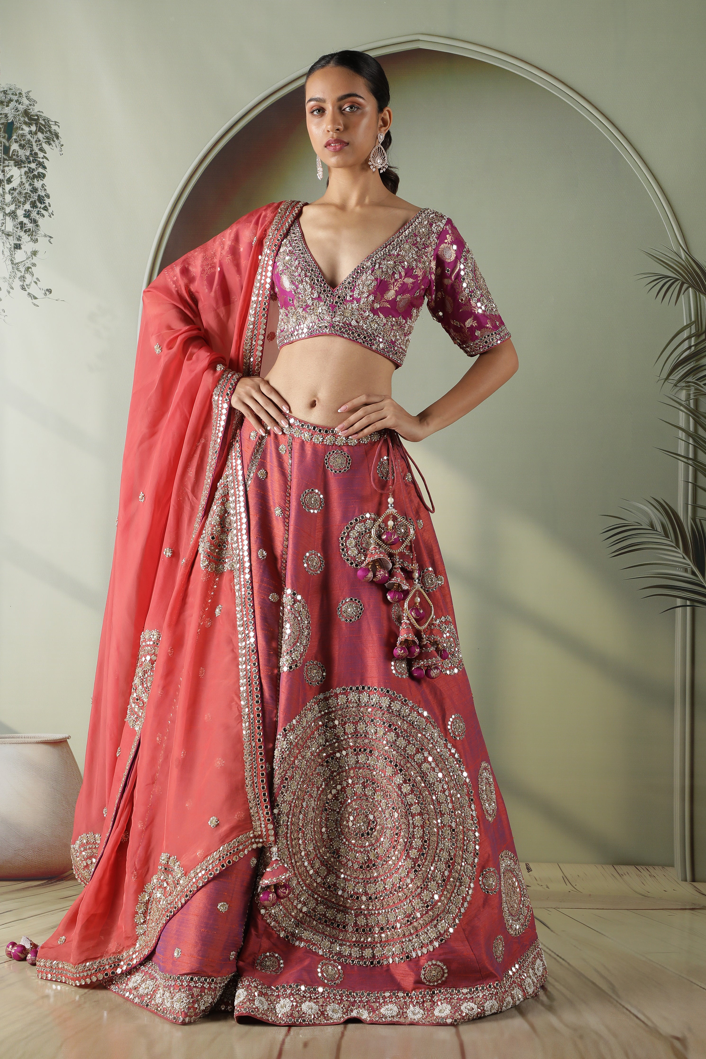 Dark Coral Raw Silk Mirror Work Lehenga Set