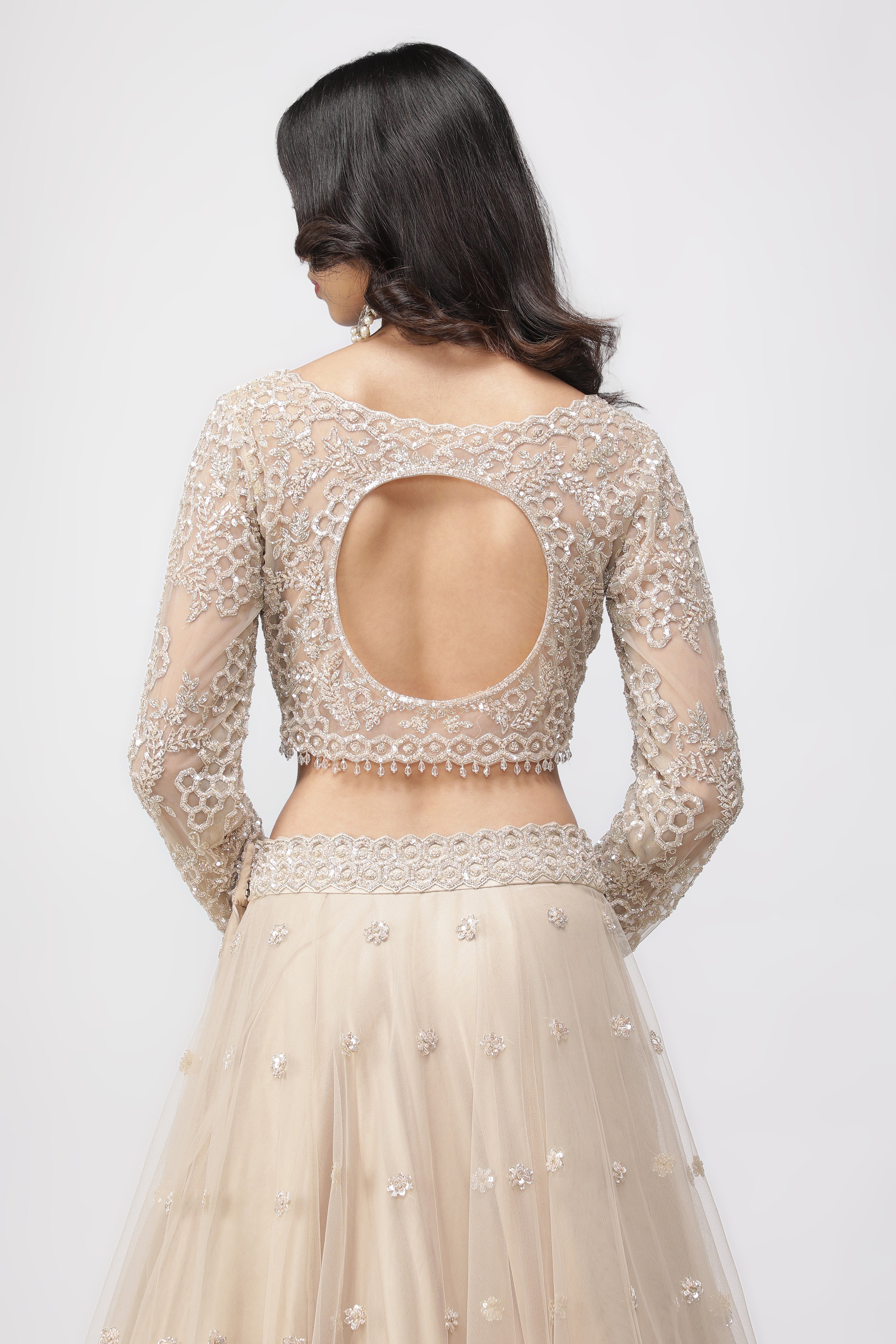 Light Beige Net Lehenga Set with Sequin and Cutdana Embroidery