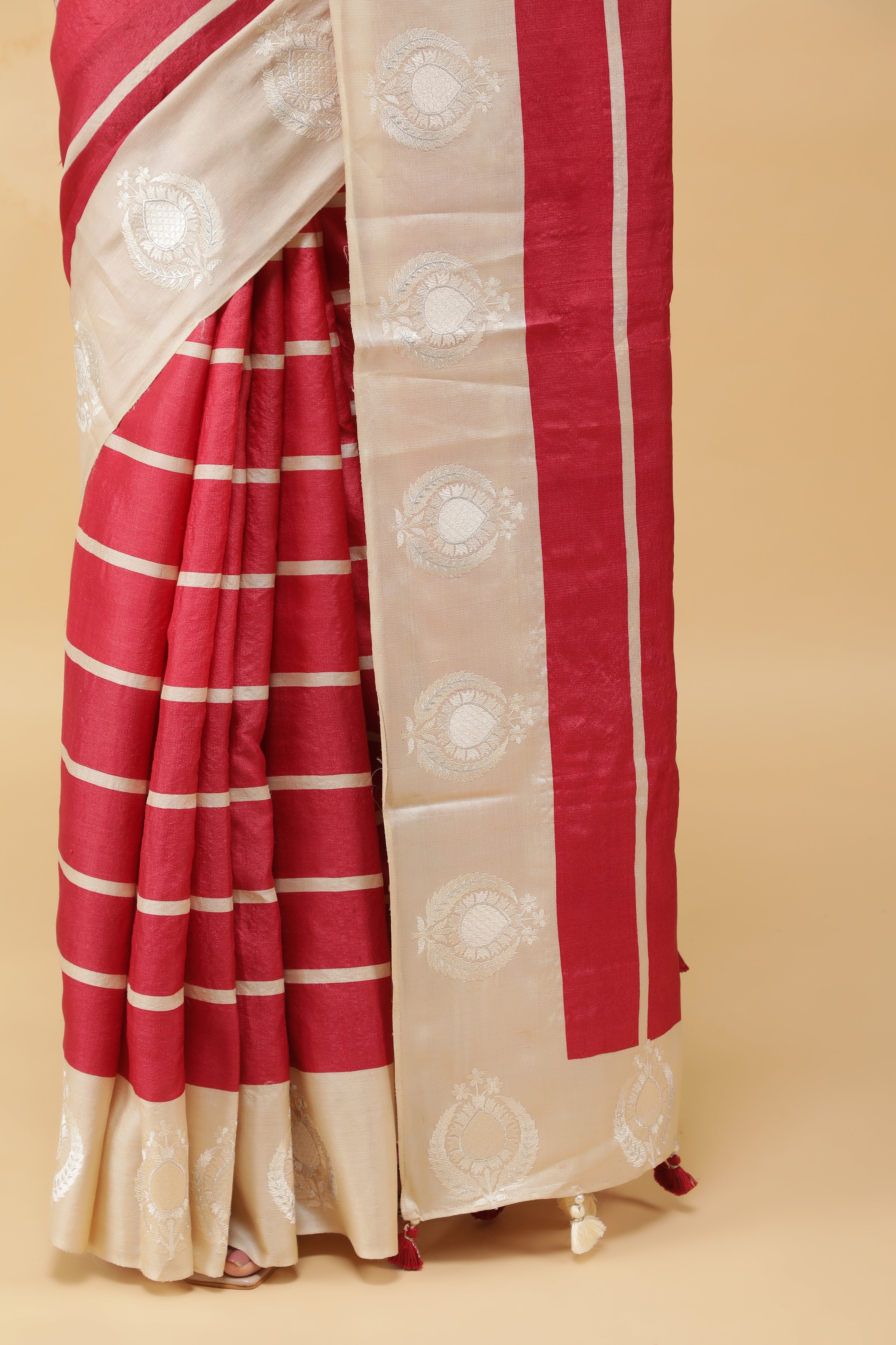 Pinkish Red Tussar Silk Saree with Contrast Motifs