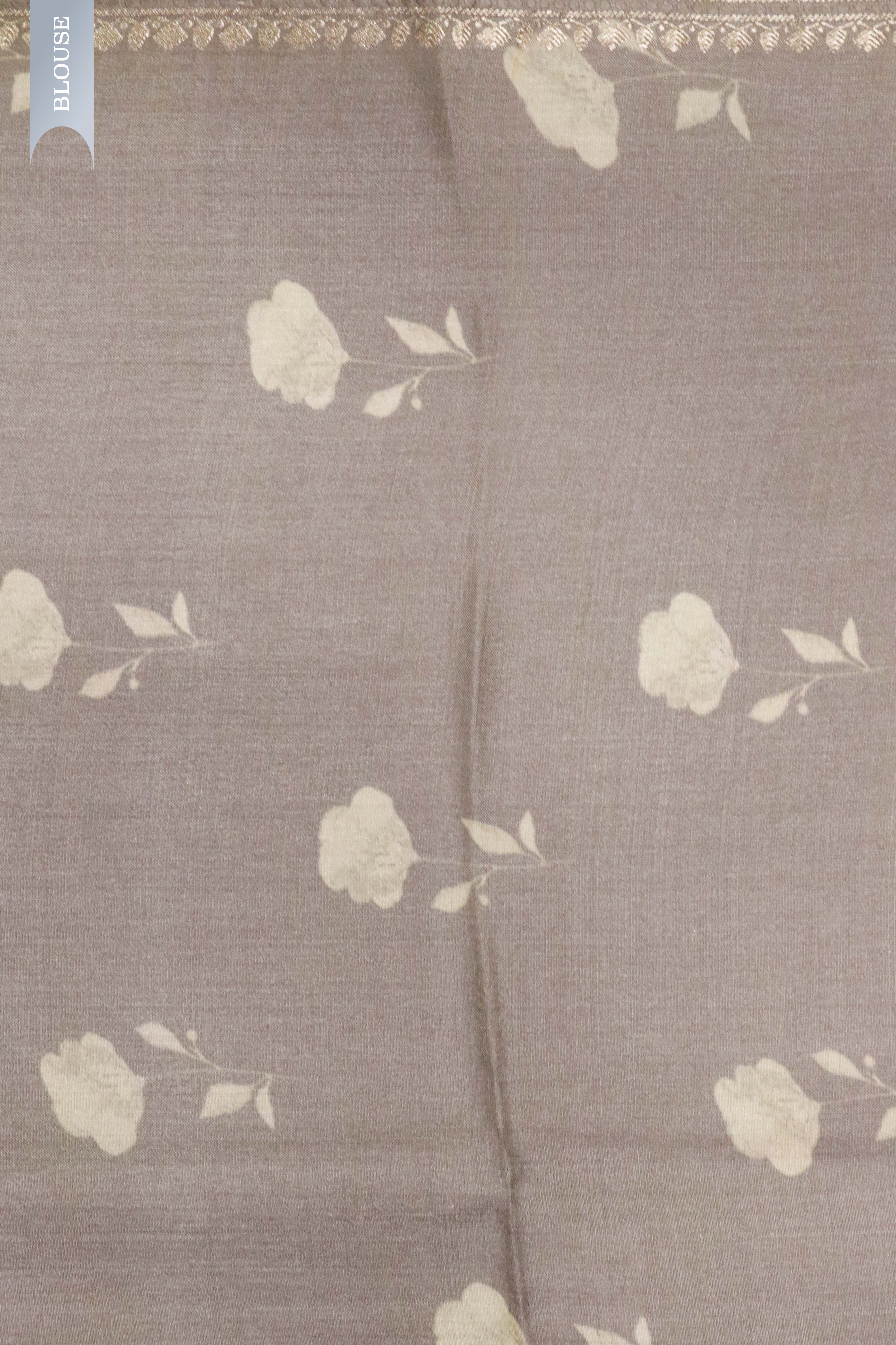 Dust Grey Tussar Silk Saree with All-Over Floral Print and Woven Border