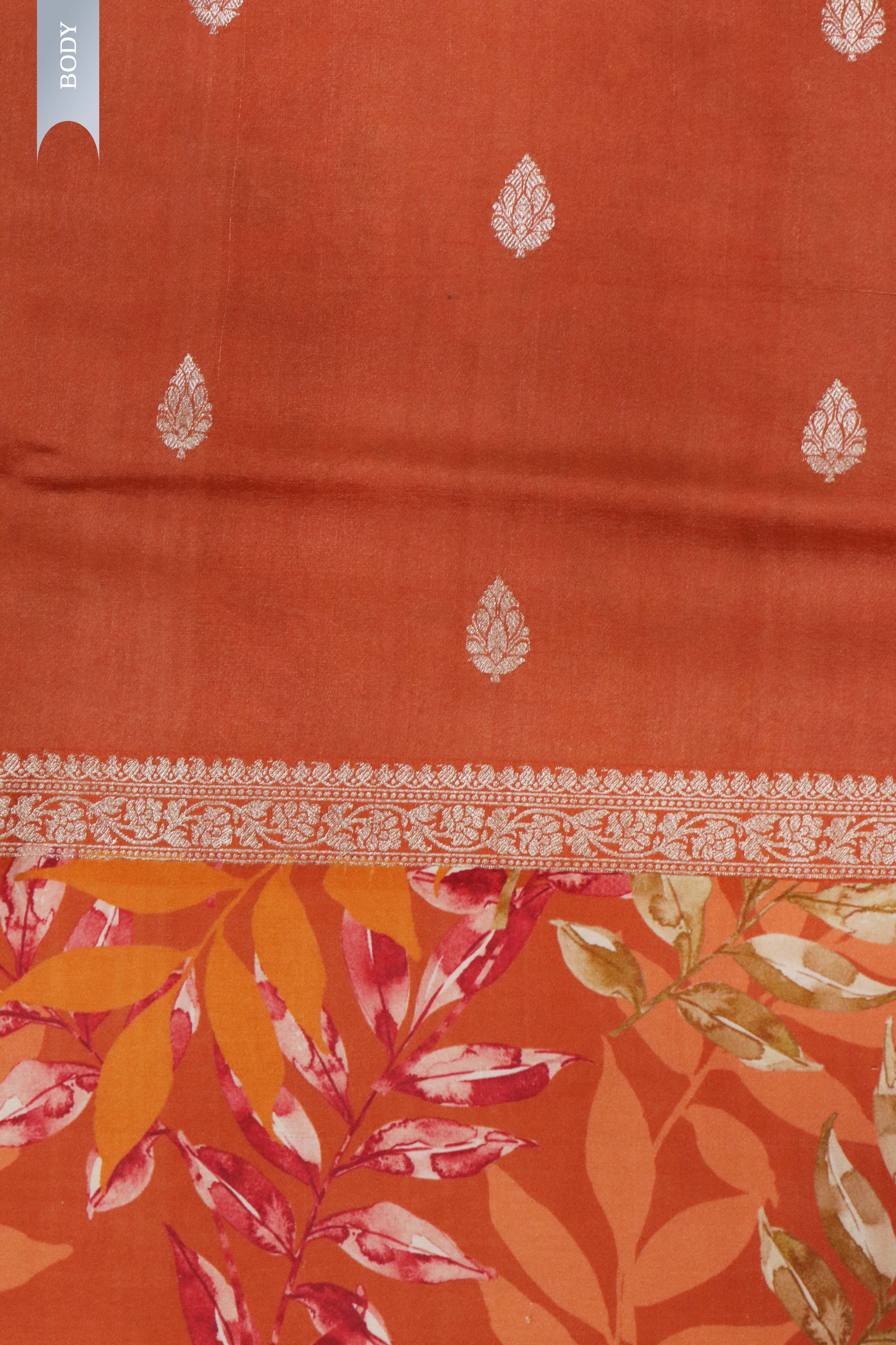 Orange Tussar Silk Saree with Silver Zari Motifs & Printed Border