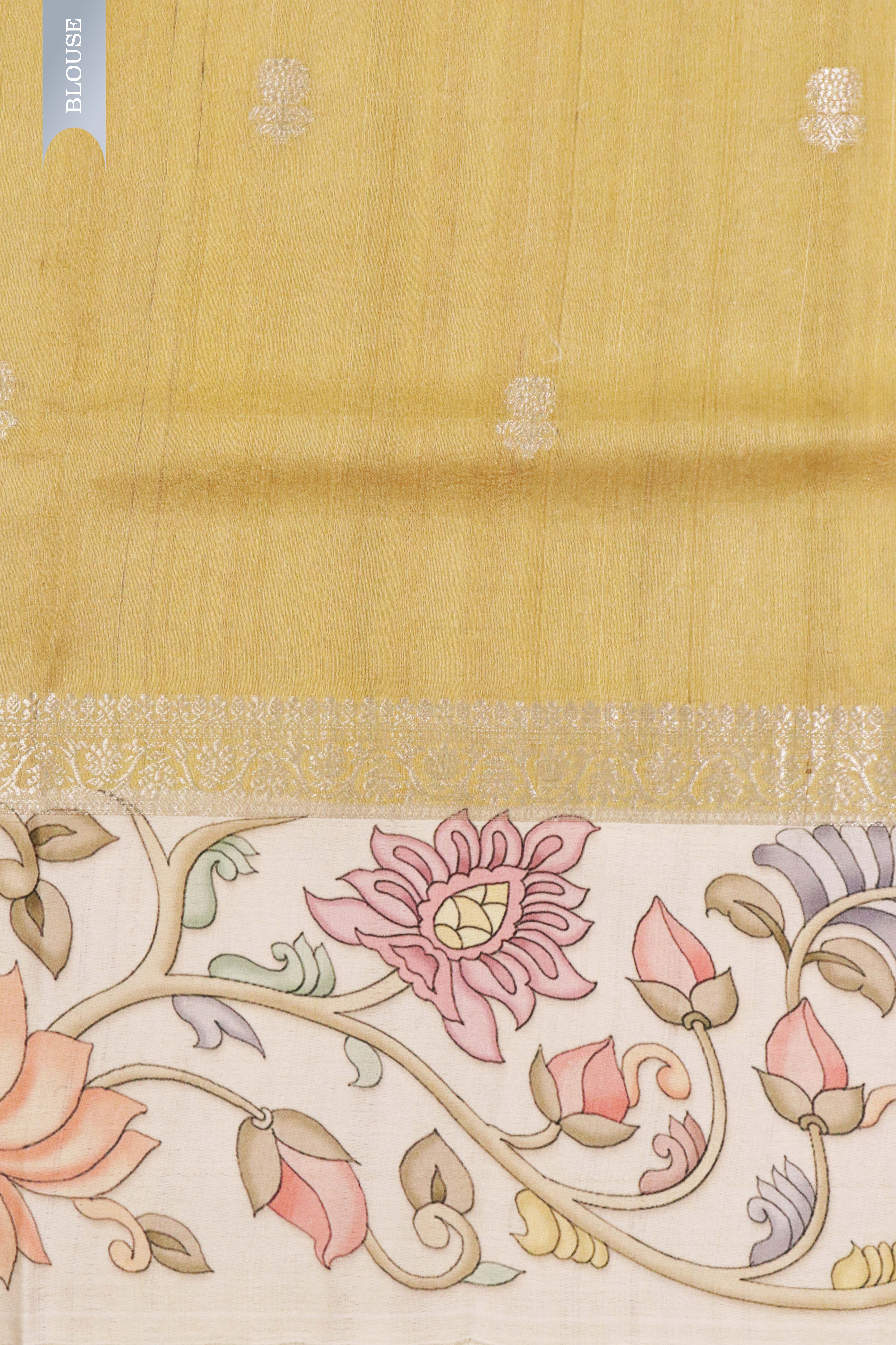 Banaras Tussar Silk Saree in Golden with Zari Motifs & Kalamkari Border