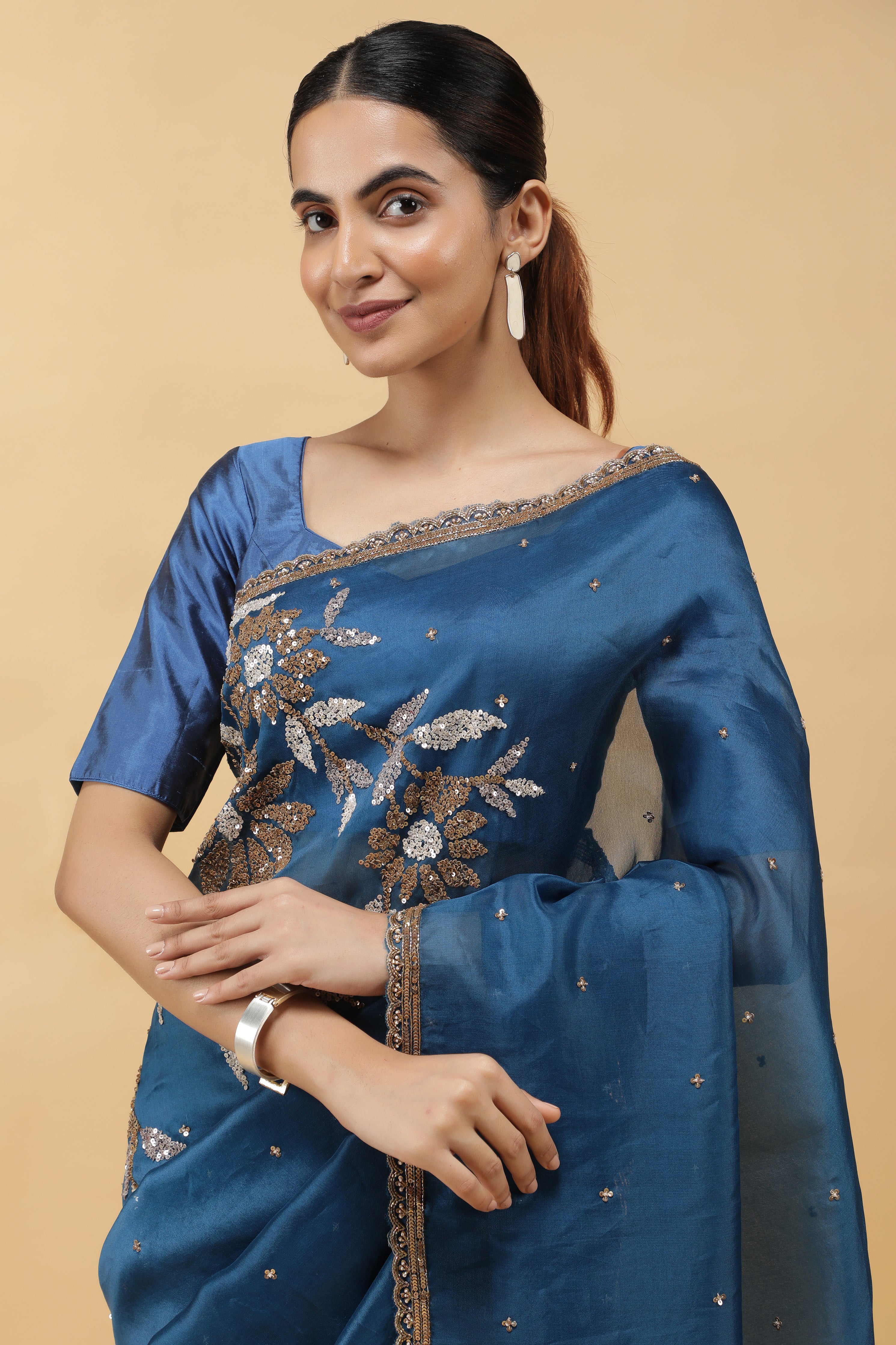 Serulel Blue  Organza Saree with Sequin Embroidery