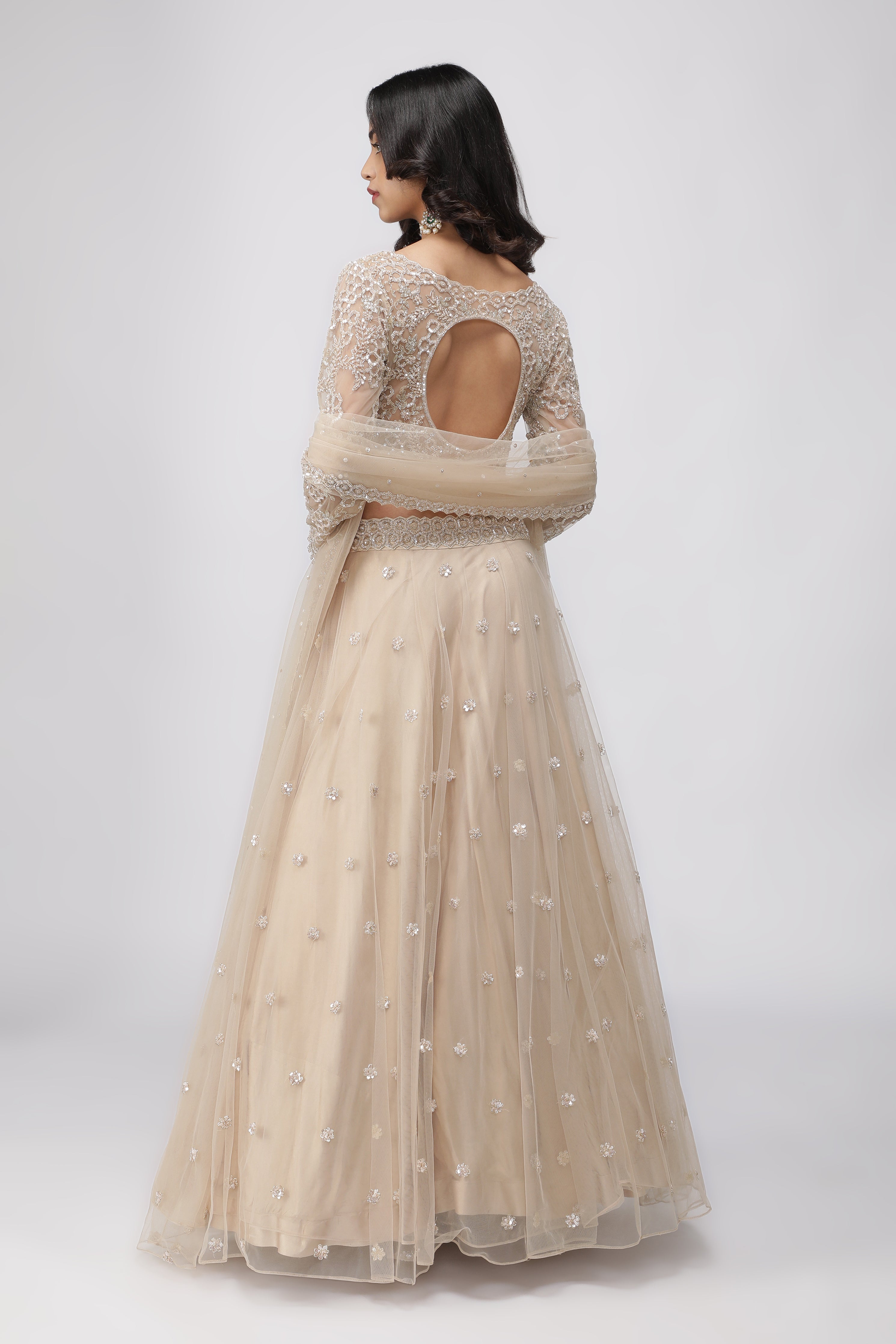 Light Beige Net Lehenga Set with Sequin and Cutdana Embroidery