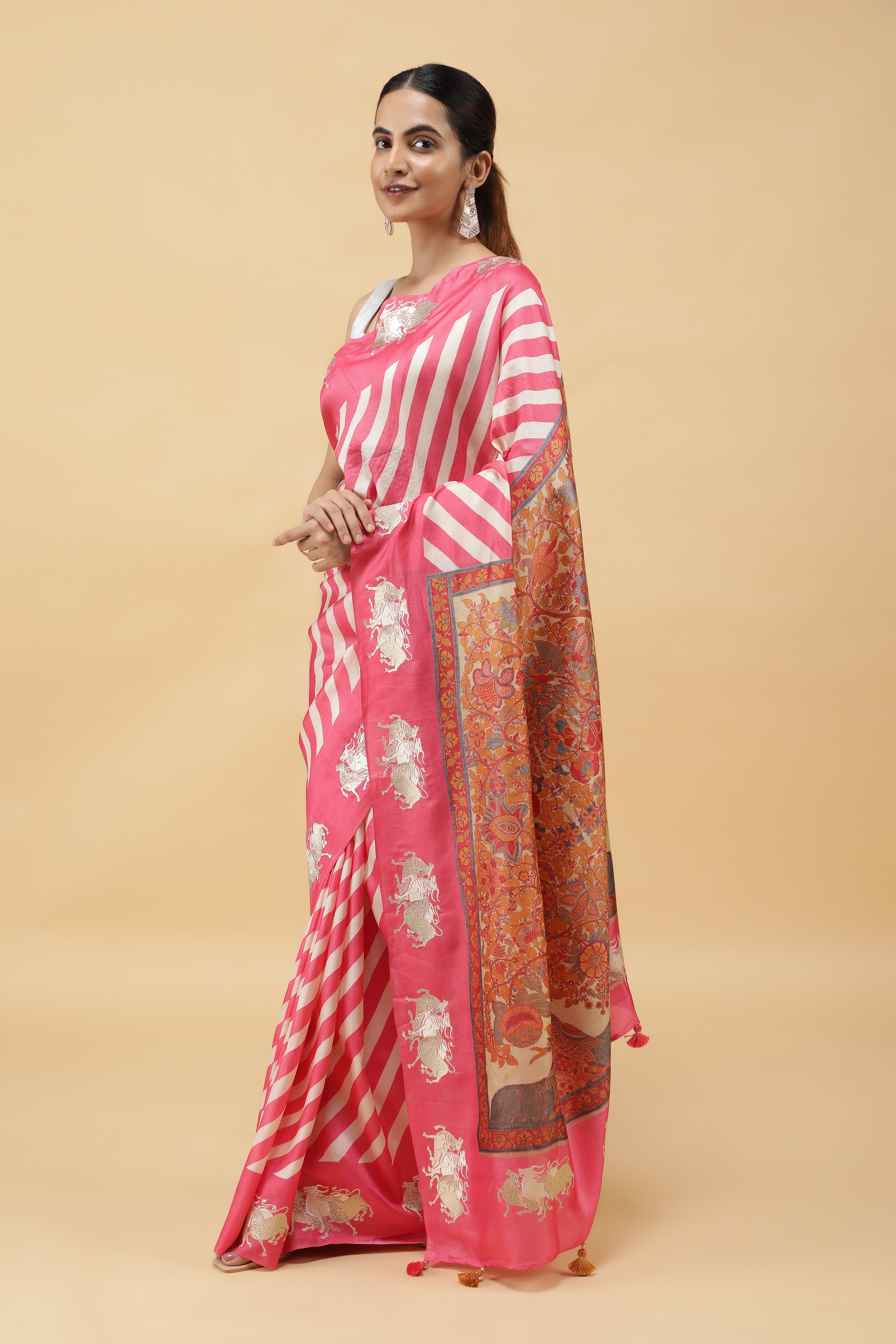 Pink & Off-White Tussar Silk Saree with Zari Motifs and Kalamkari Pallu