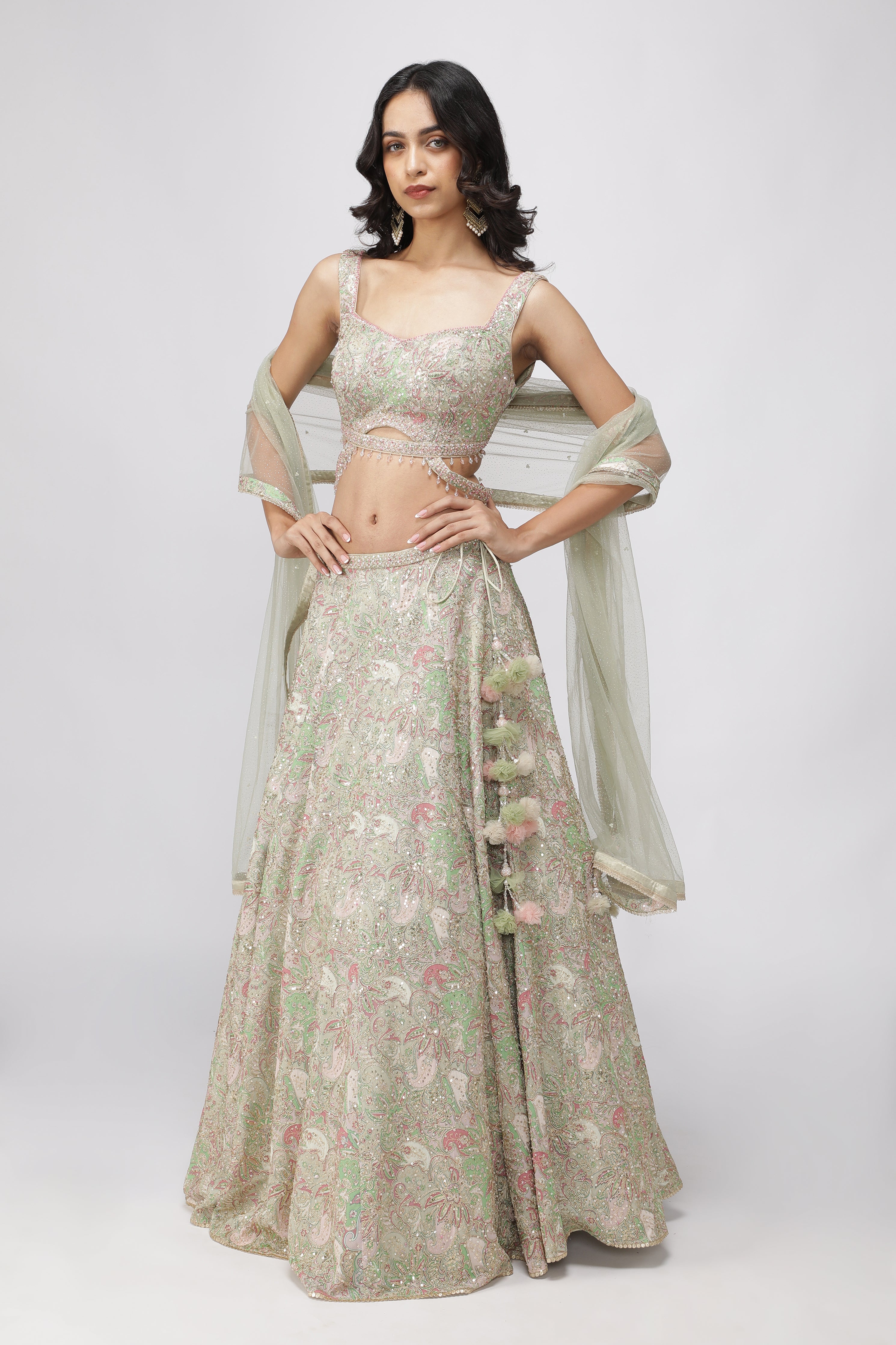 Pastel Green Printed Georgette Lehenga Set with Embellished Blouse