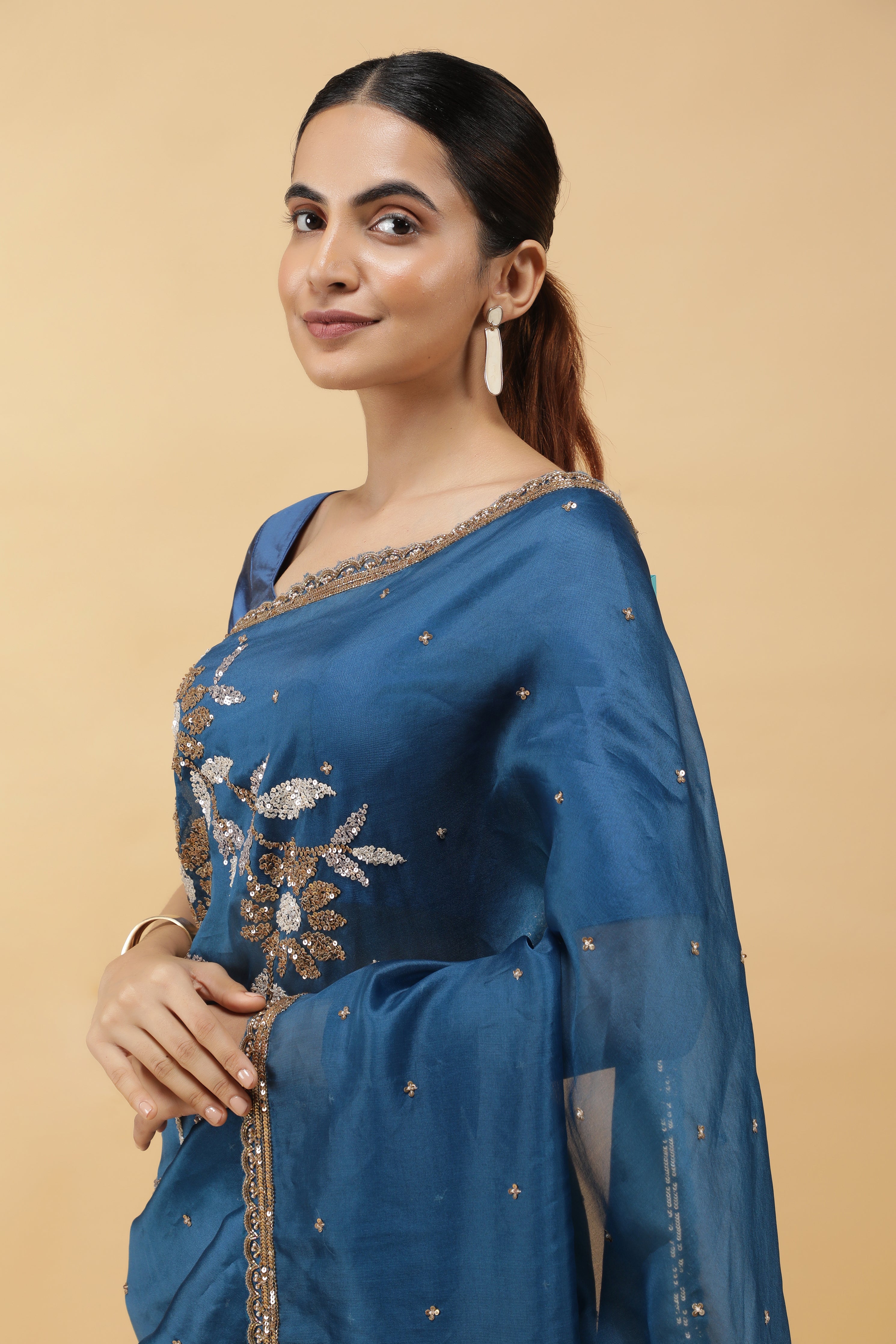 Serulel Blue  Organza Saree with Sequin Embroidery