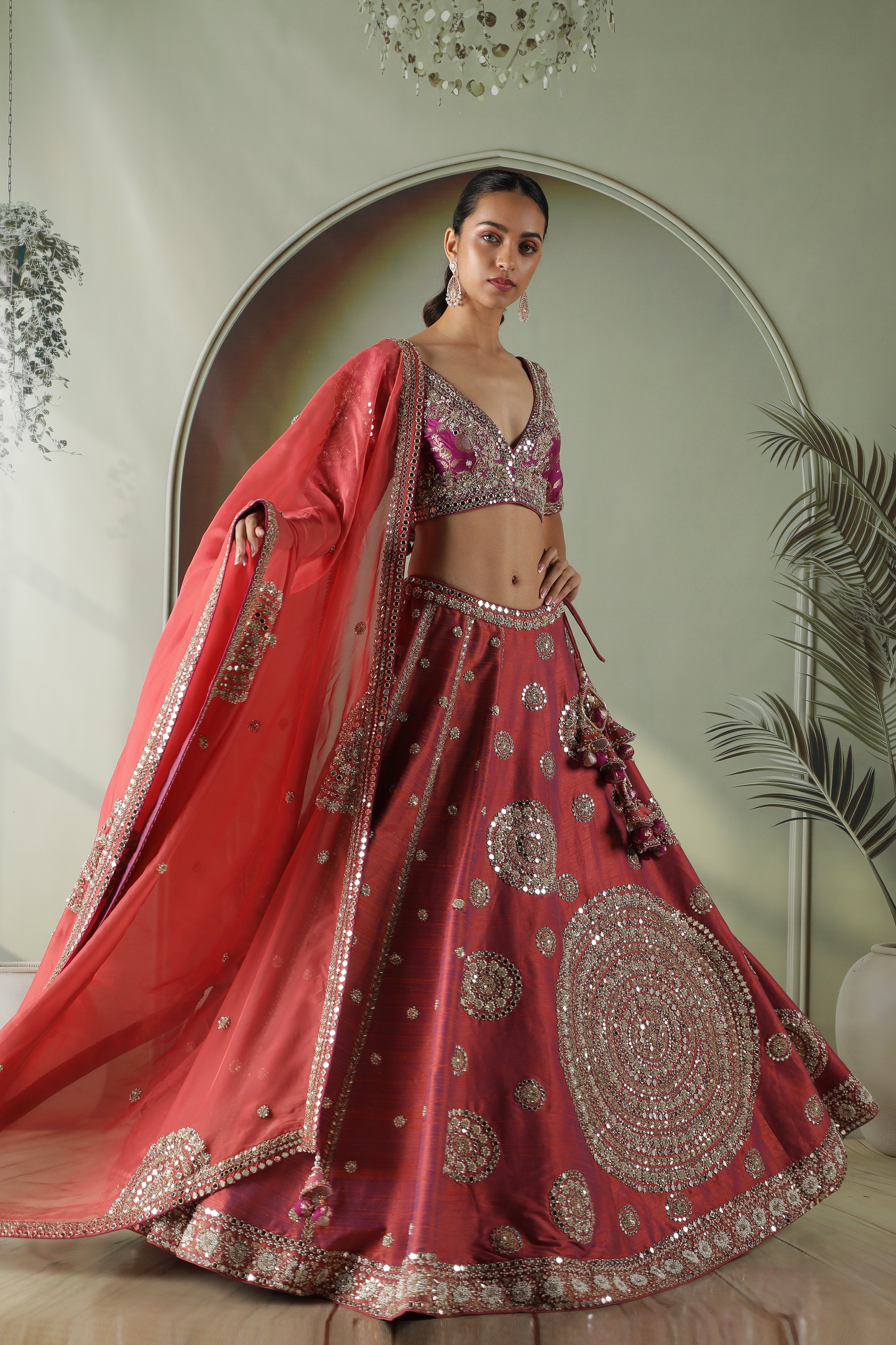 Dark Coral Raw Silk Mirror Work Lehenga Set