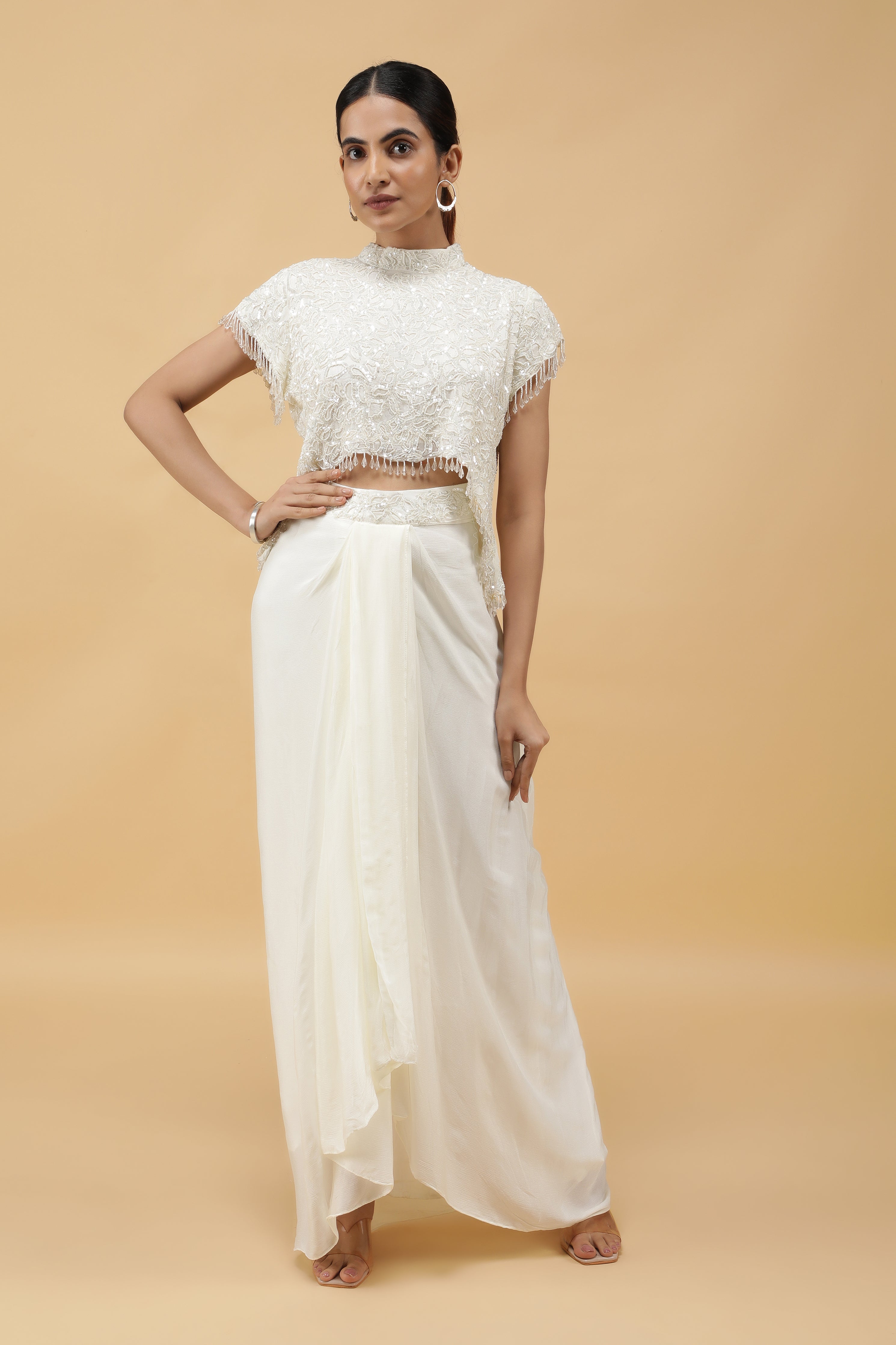 Ivory Gleam Pearl Sequin Crop Top & Draped Skirt Set