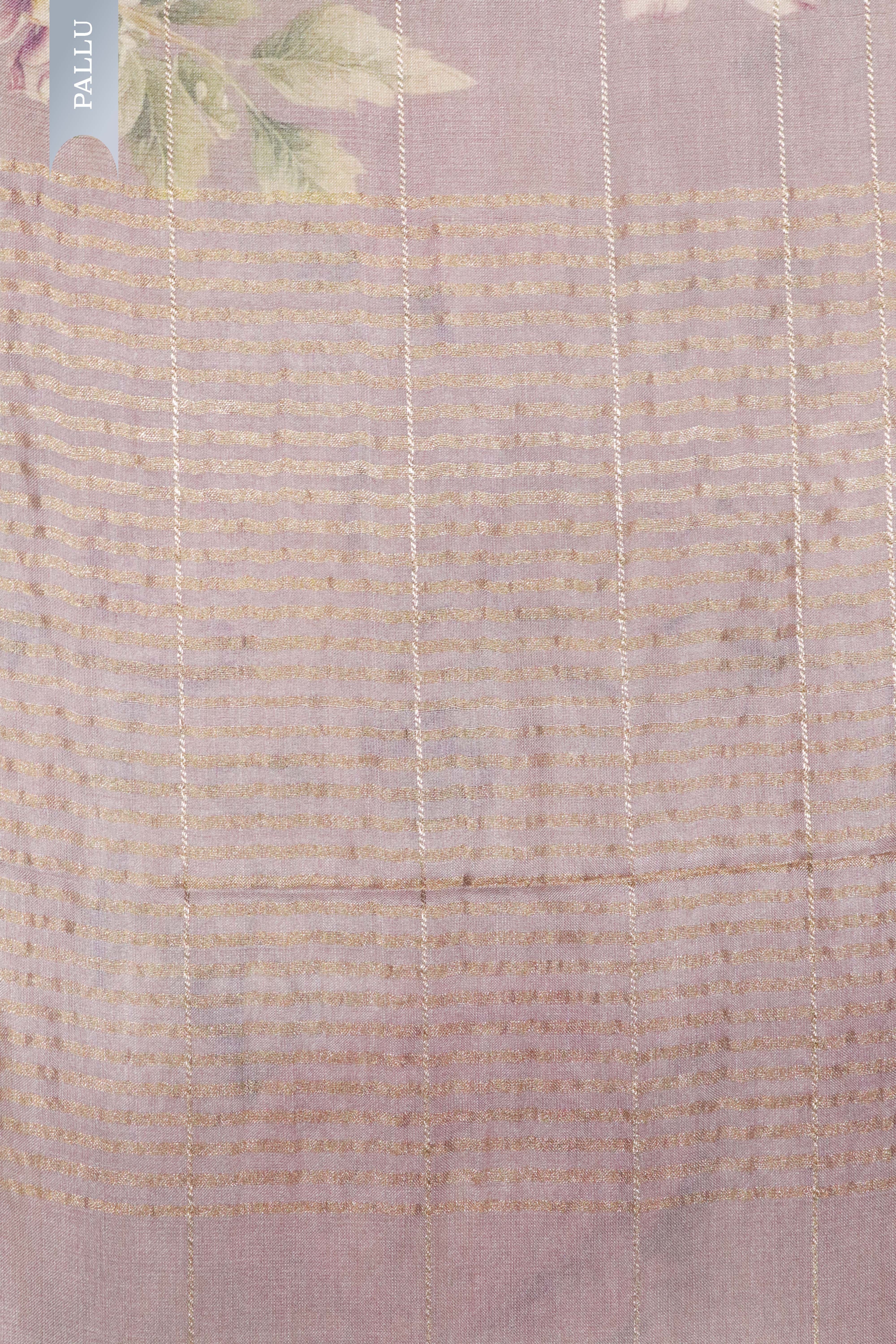 Light Lavender Tussar Silk Saree with Golden Stripes & Printed Body