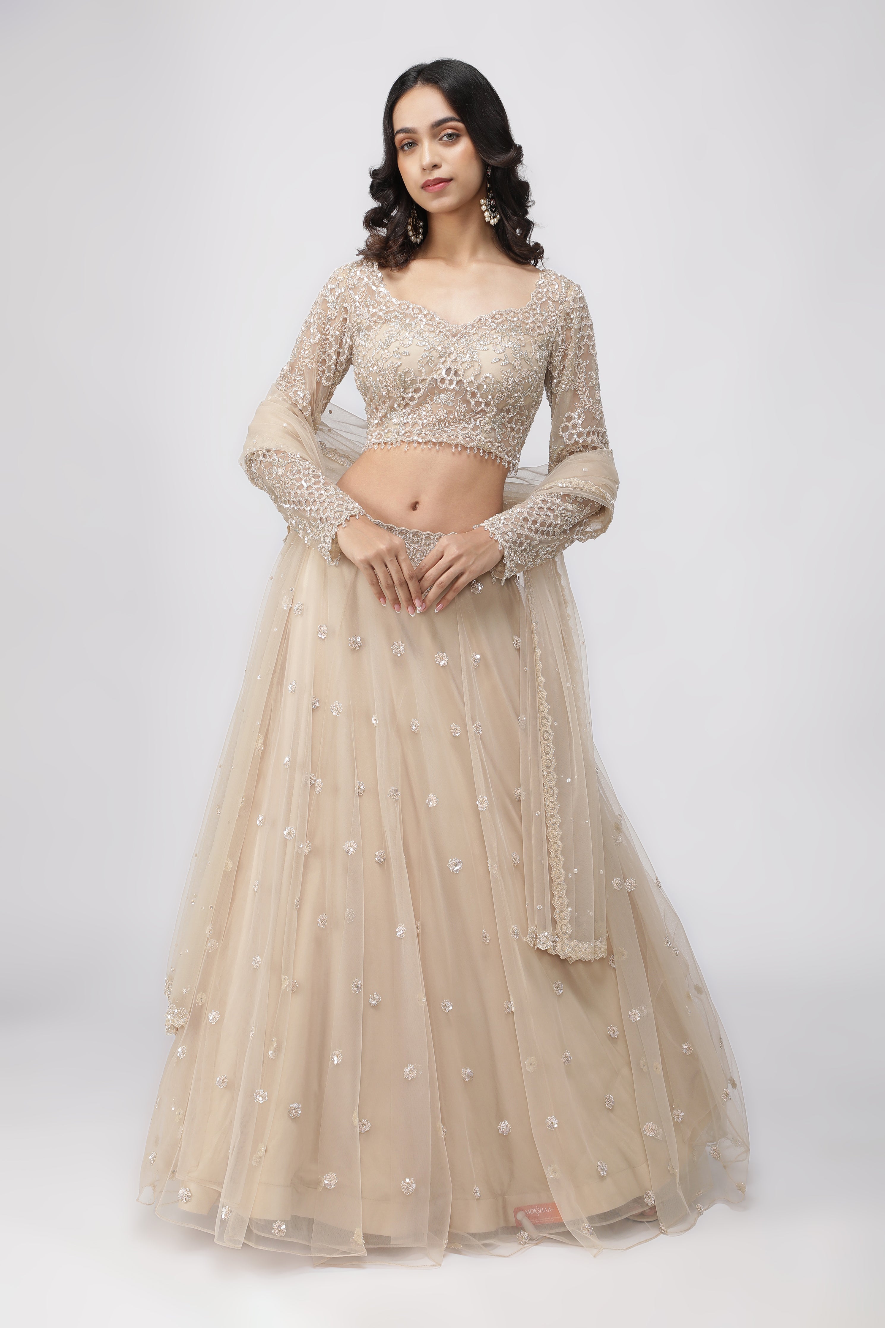 Light Beige Net Lehenga Set with Sequin and Cutdana Embroidery
