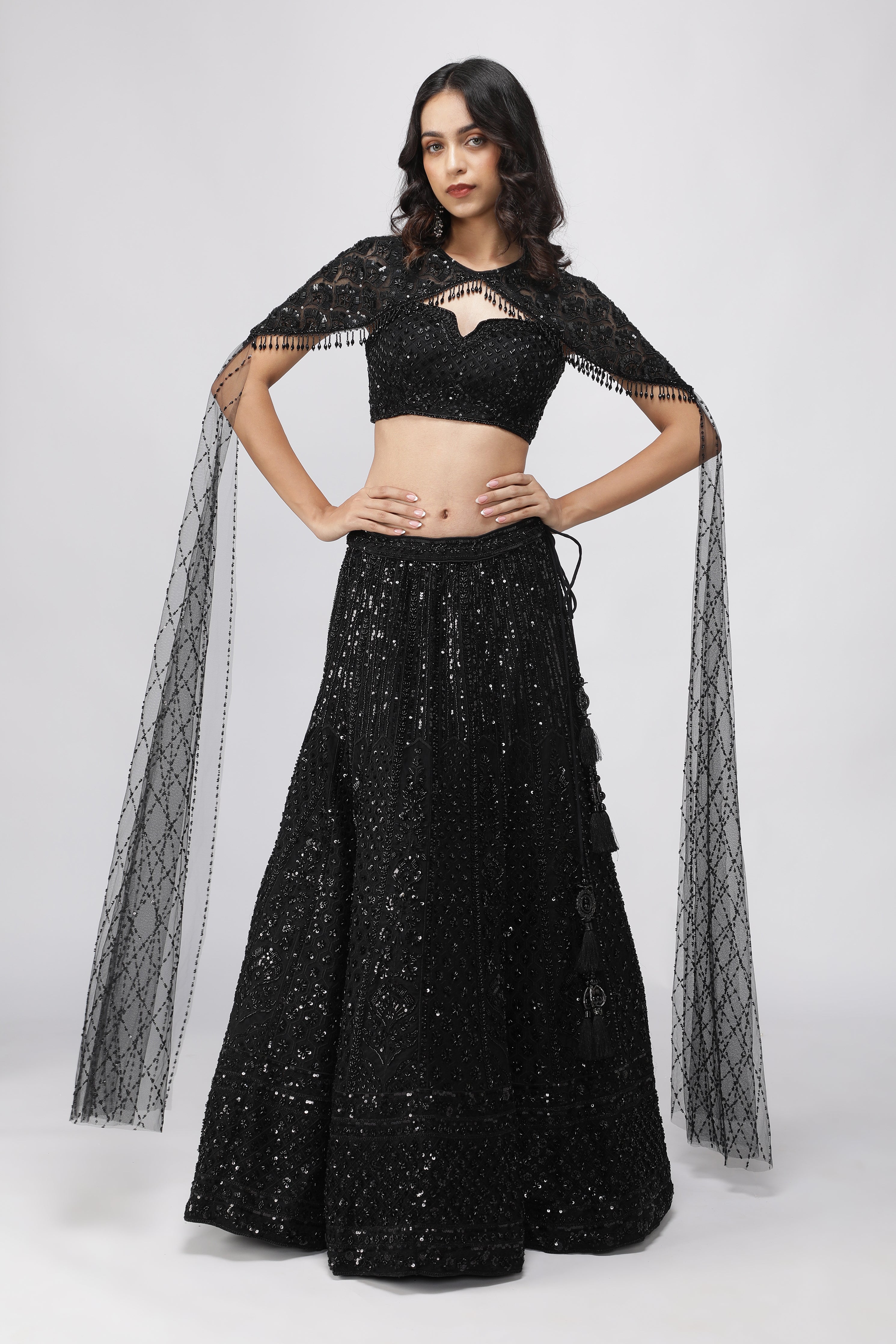 Black Net Embroidered Lehenga Set with Cape Dupatta