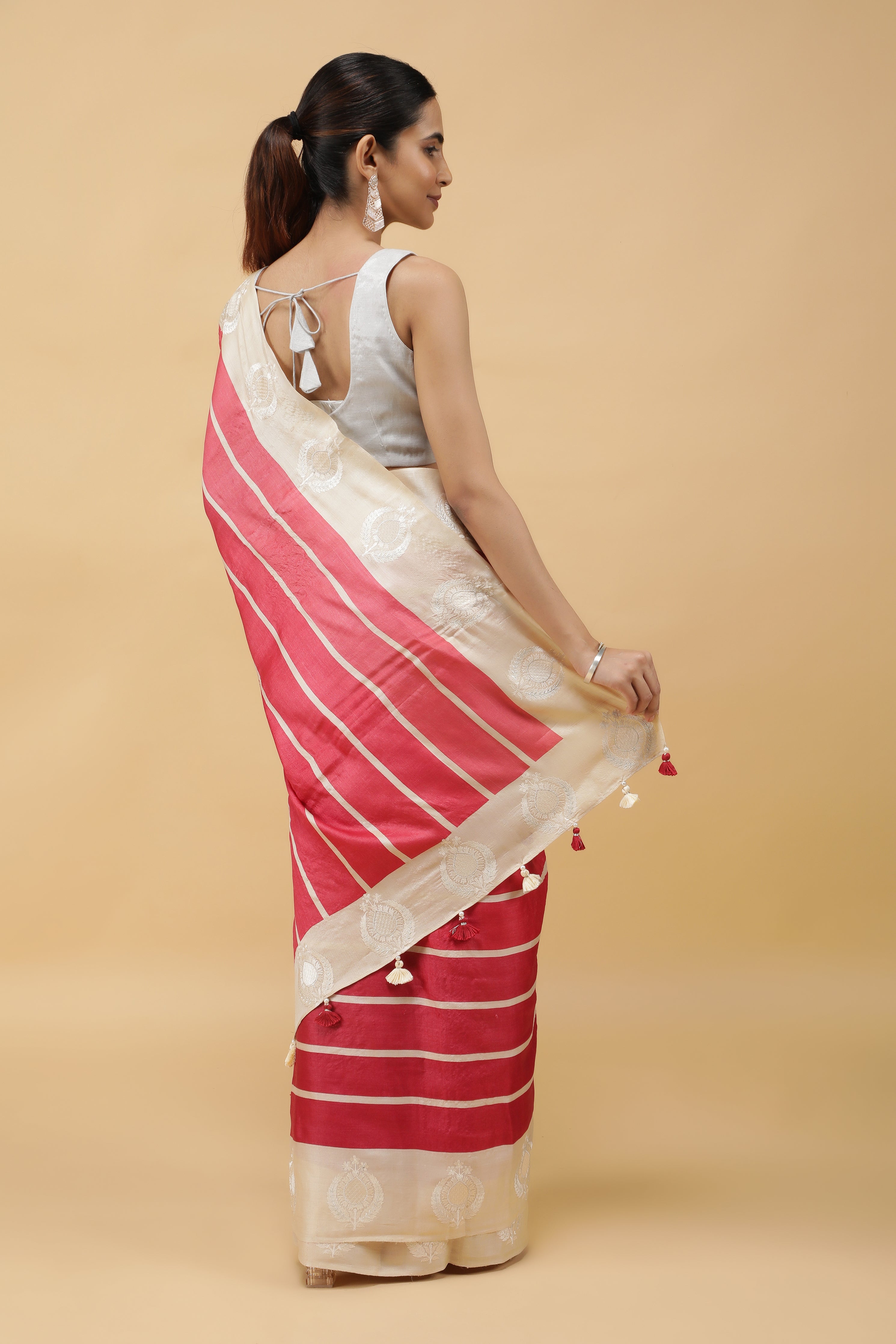 Pinkish Red Tussar Silk Saree with Contrast Motifs