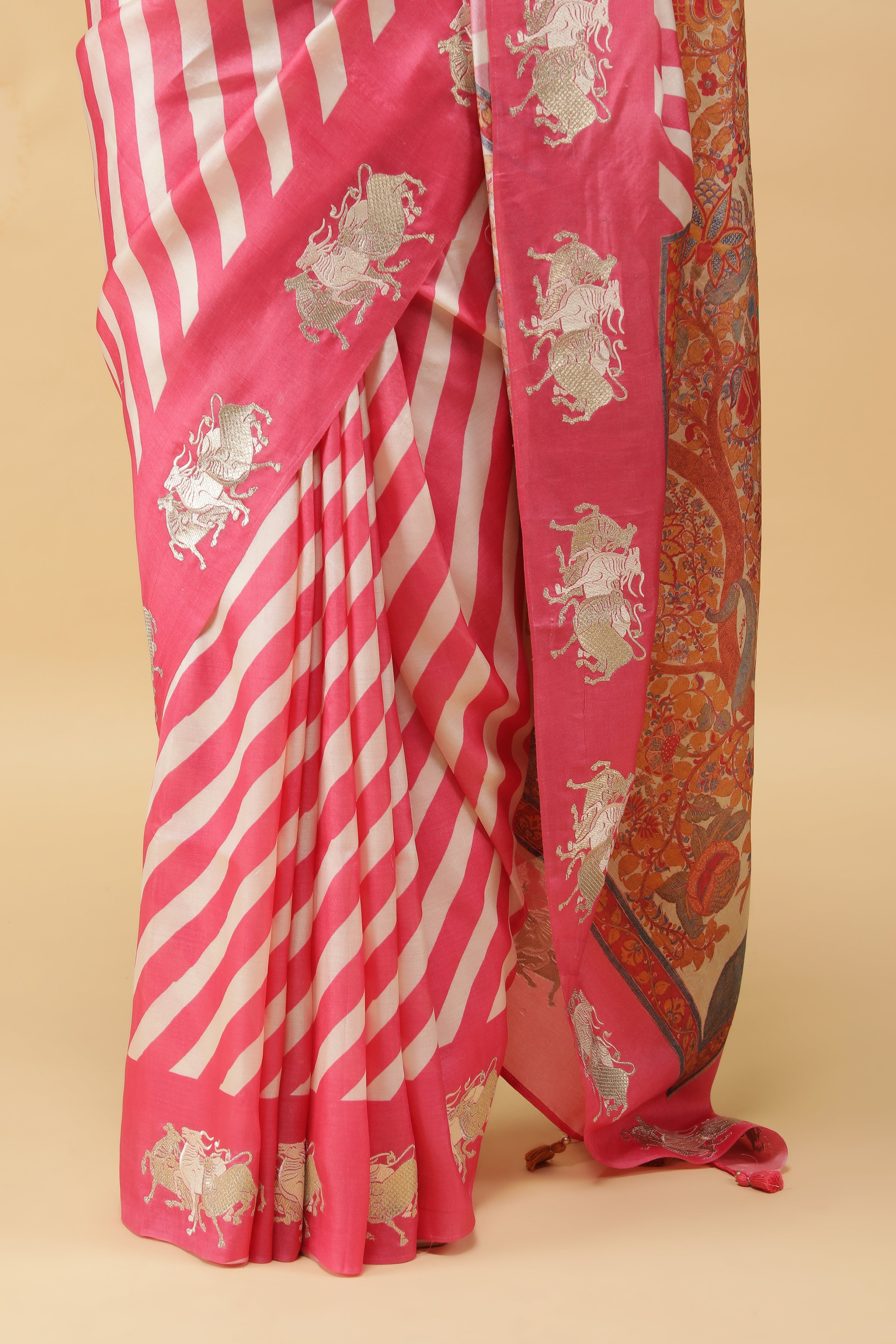Pink & Off-White Tussar Silk Saree with Zari Motifs and Kalamkari Pallu