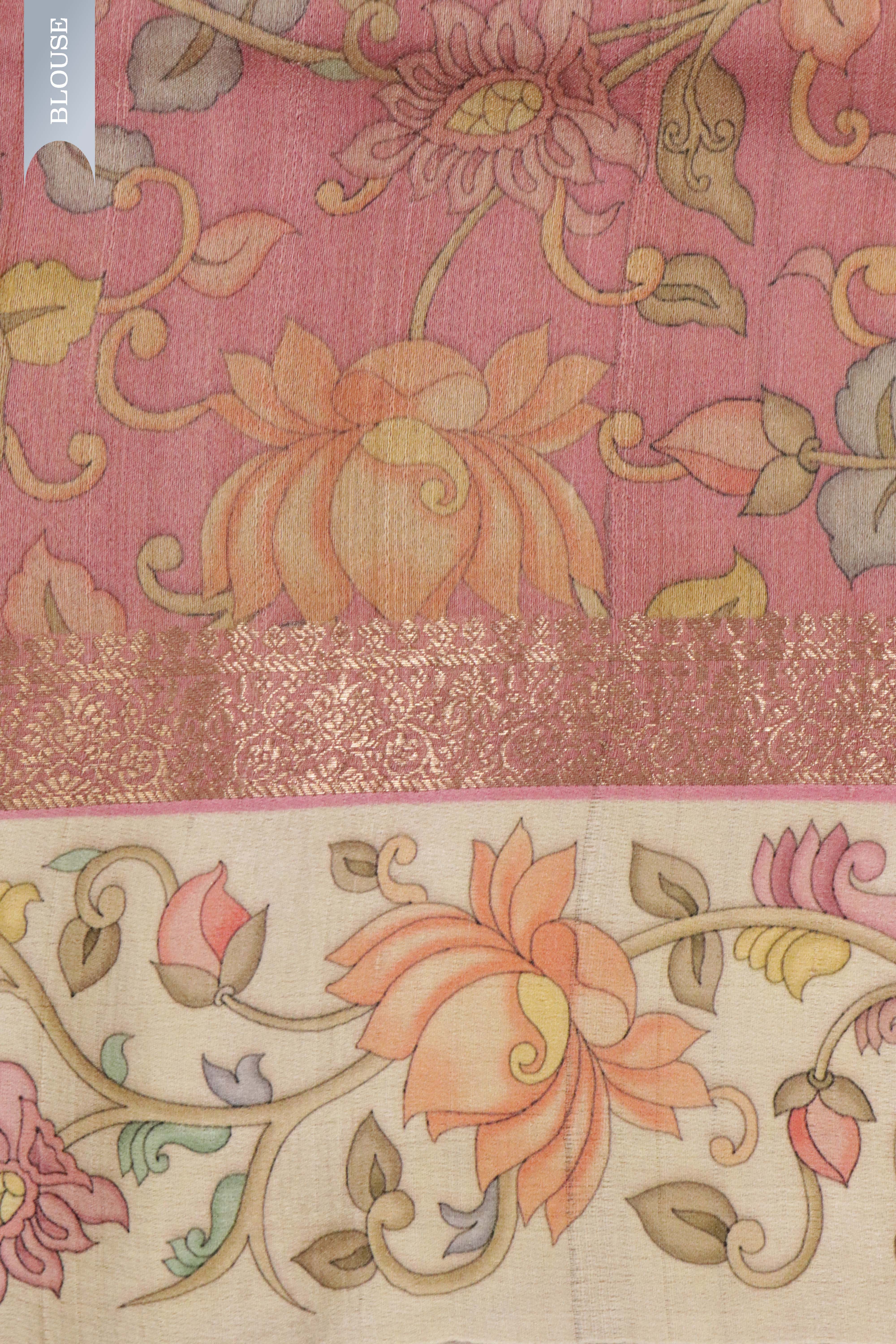 Banaras Tussar Silk Saree in Peach with Zari Motifs & Kalamkari Border