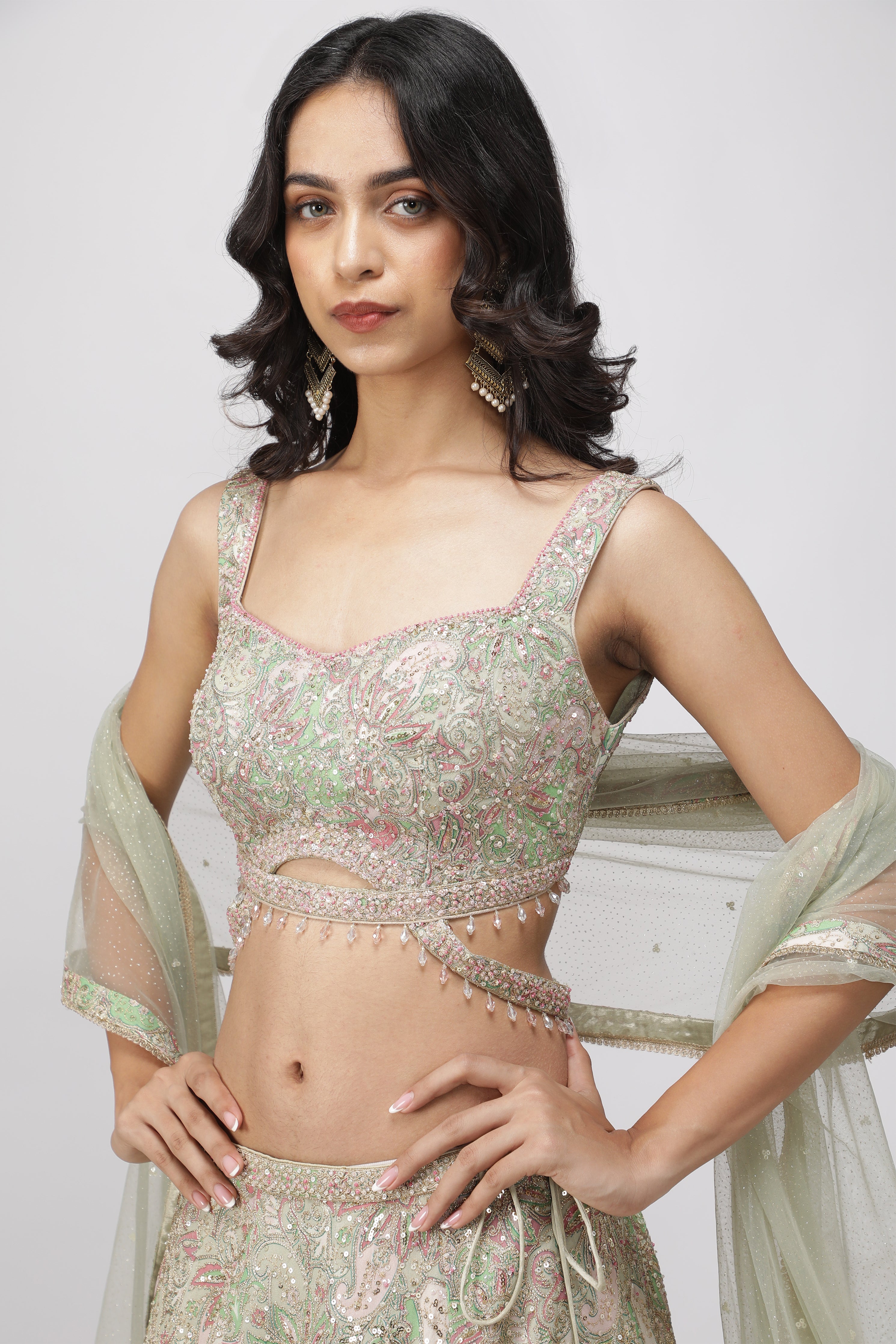 Pastel Green Printed Georgette Lehenga Set with Embellished Blouse