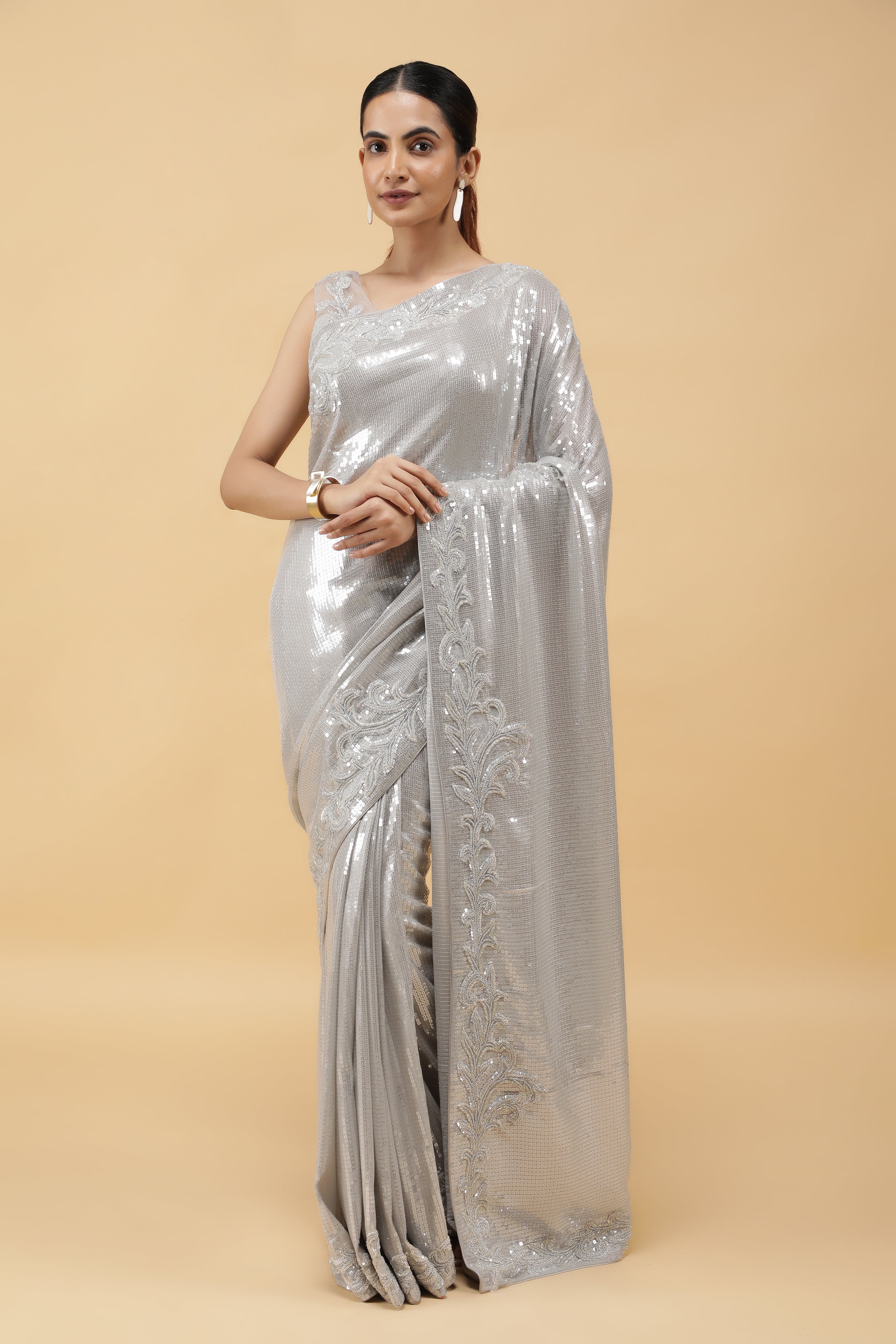 Silver Net Saree All Over Sequins Readymade Blouse