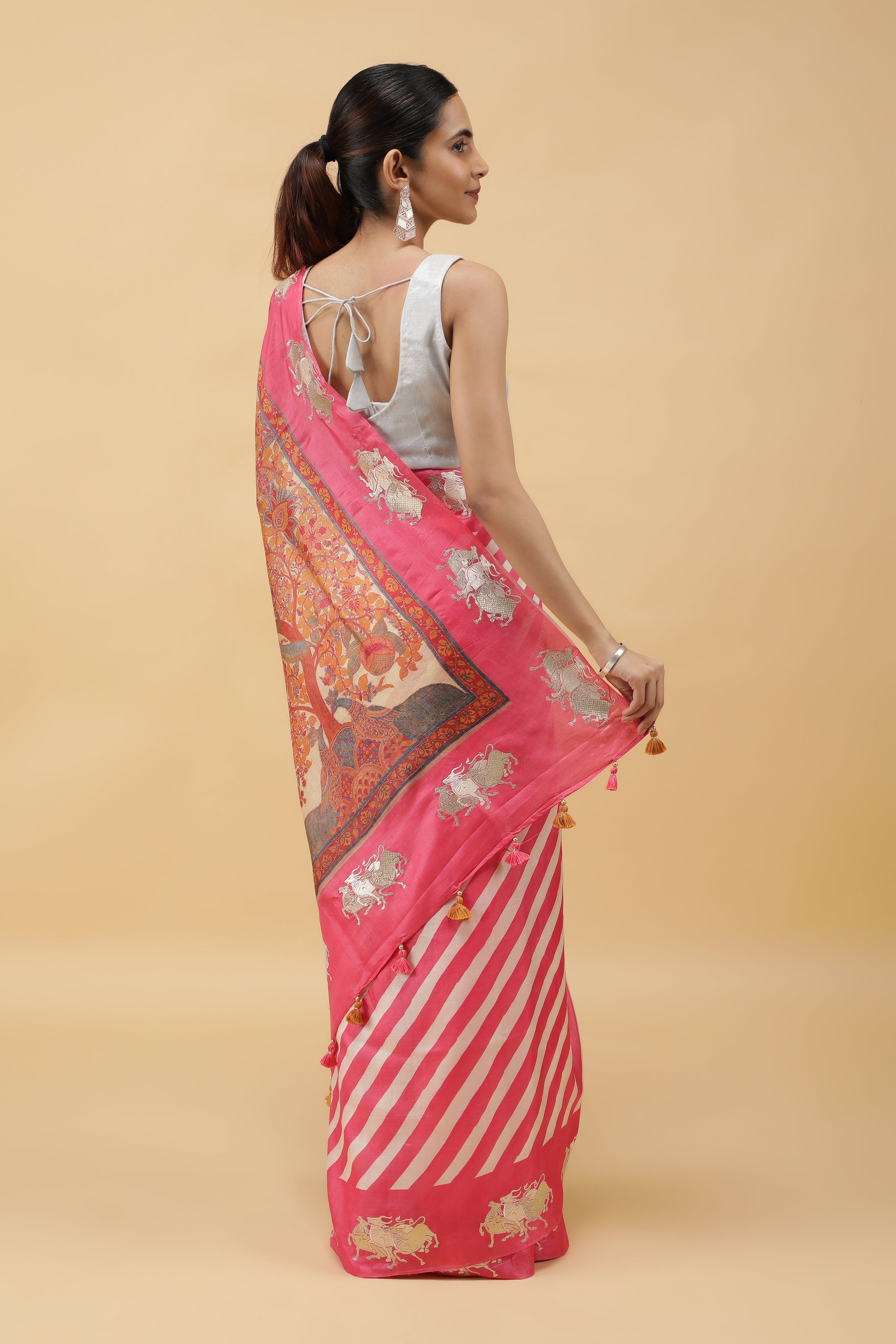 Pink & Off-White Tussar Silk Saree with Zari Motifs and Kalamkari Pallu