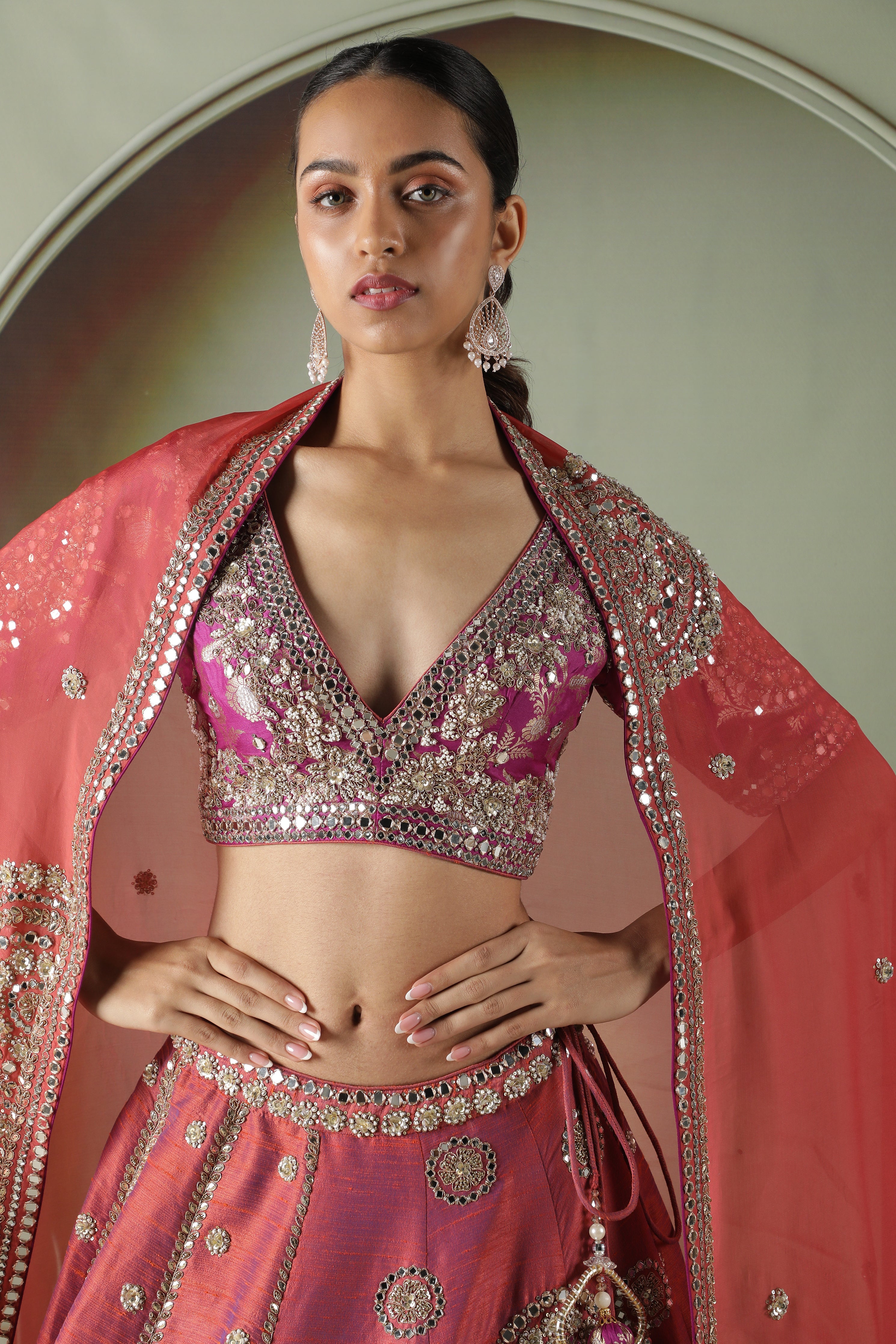 Dark Coral Raw Silk Mirror Work Lehenga Set