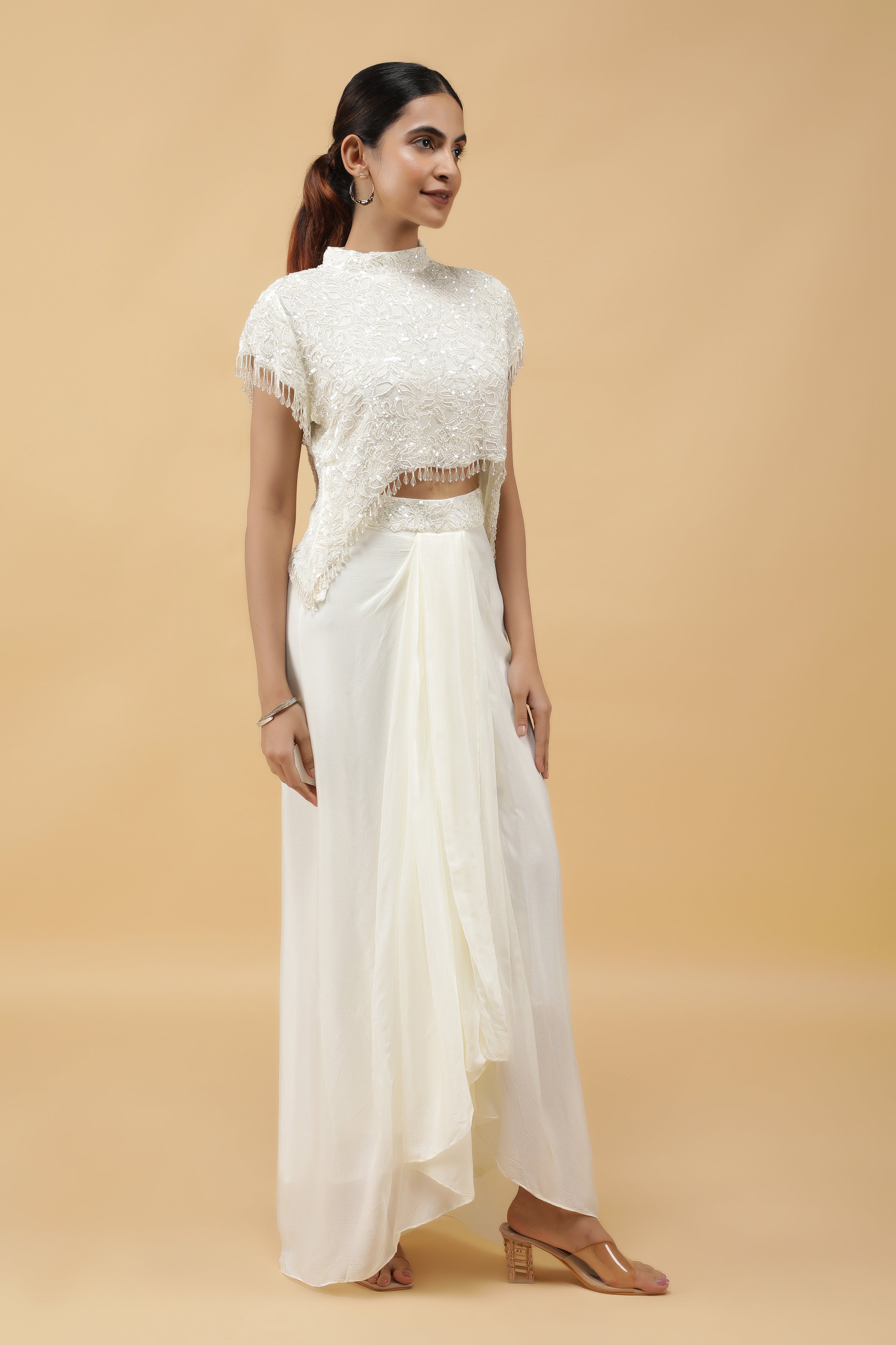 Ivory Gleam Pearl Sequin Crop Top & Draped Skirt Set