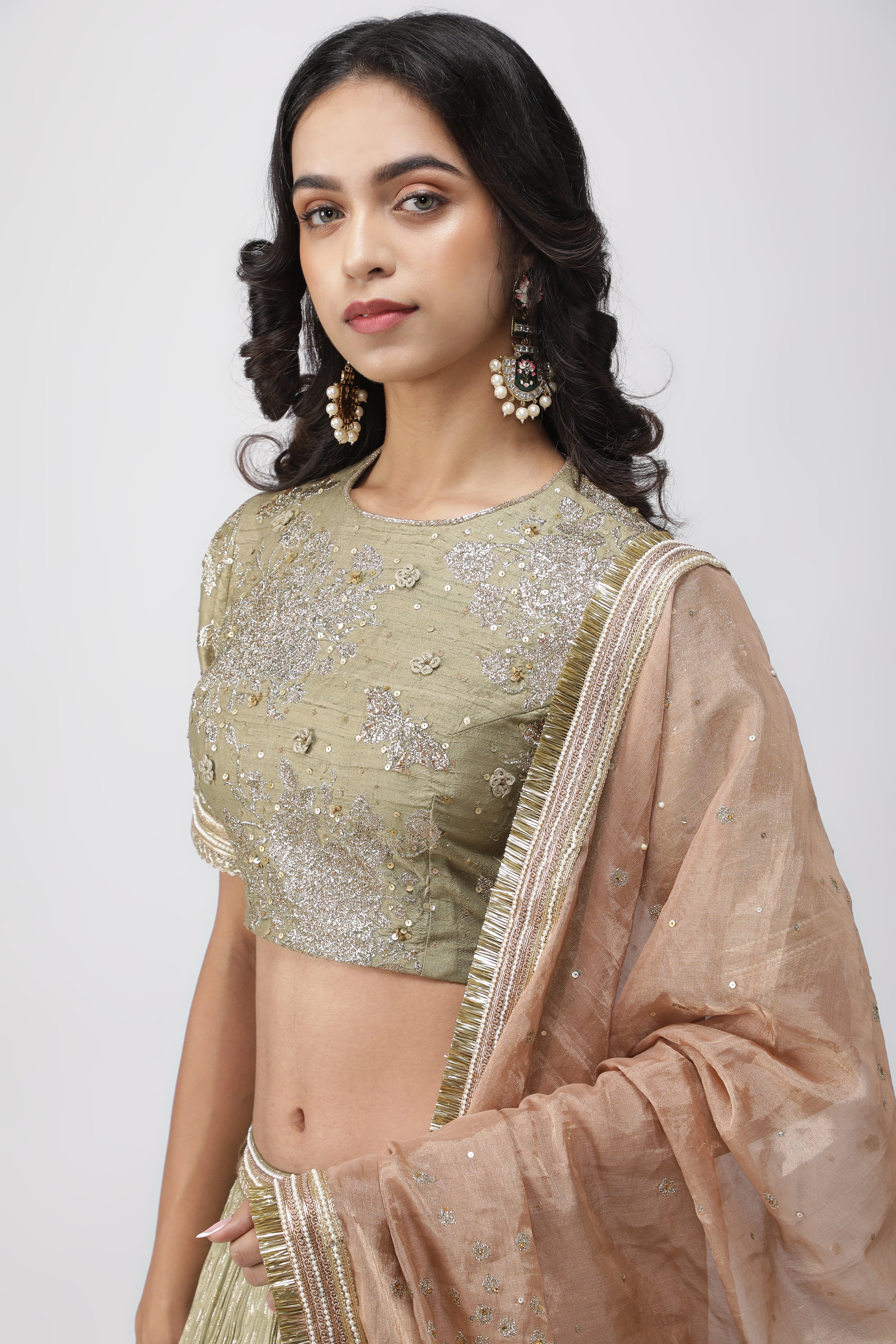 Green Chanderi Tissue Lehenga with Zari and Sequins Embroidery