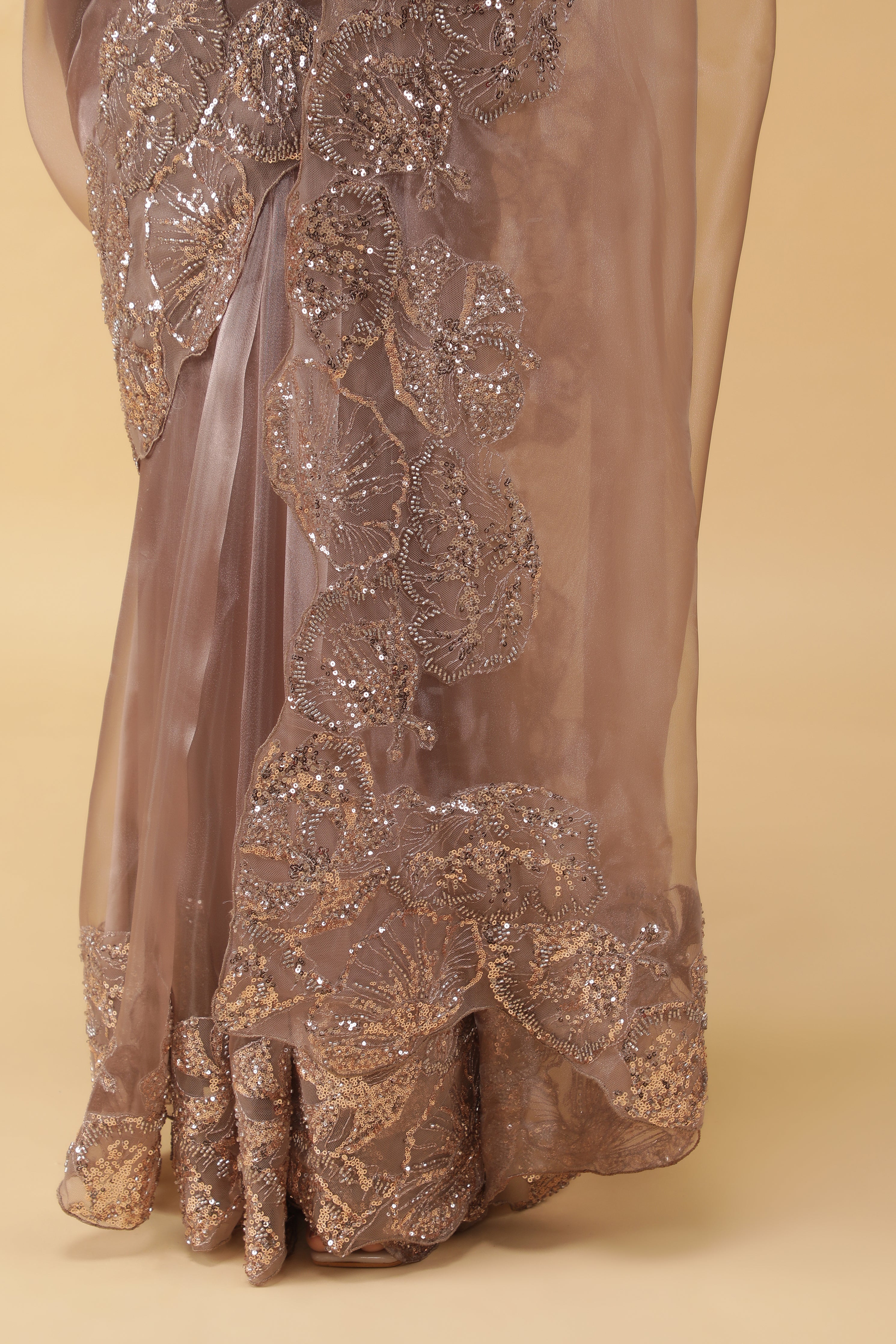 Light Brown Glass Tissue Saree with Sequin Beadwork Border