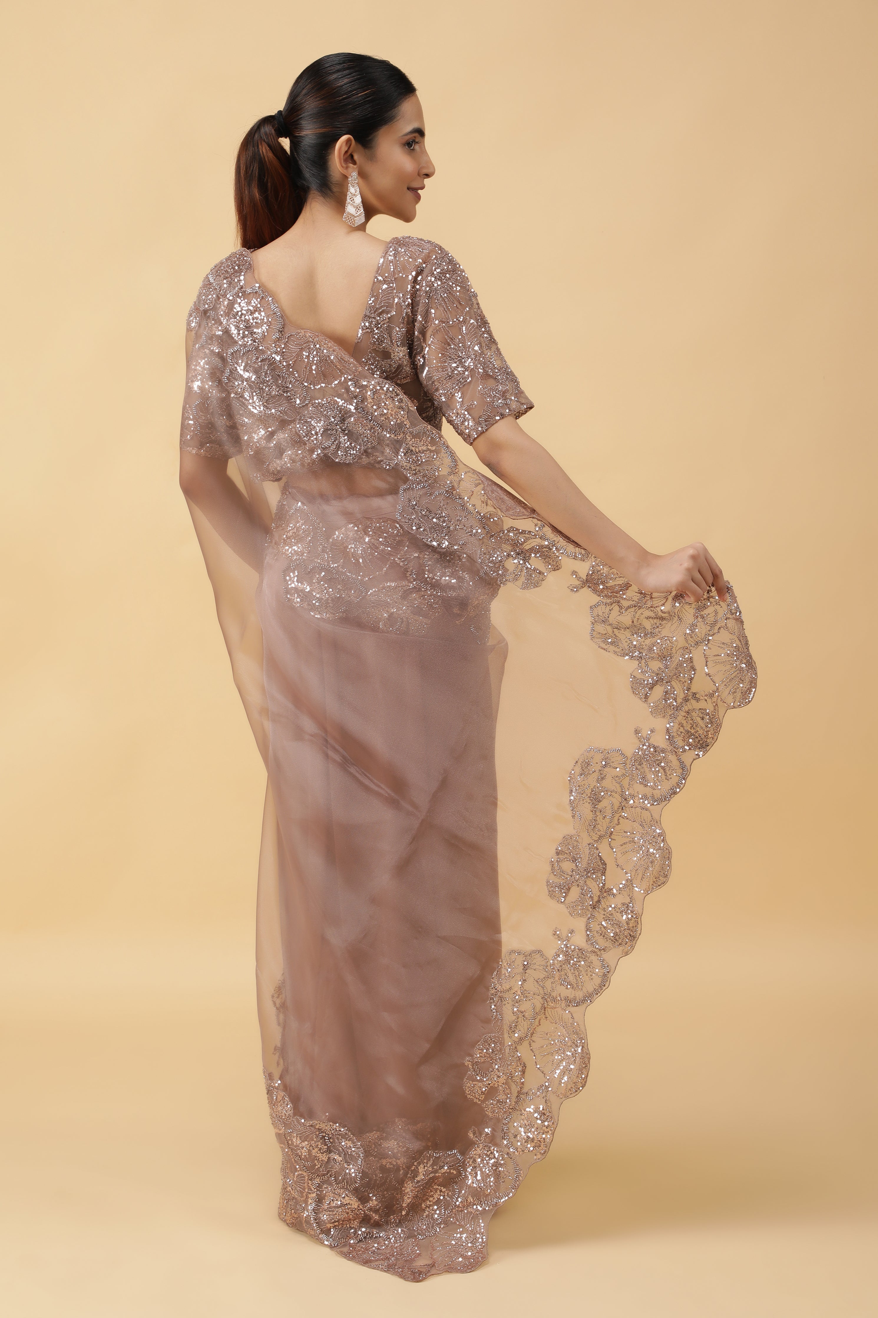 Light Brown Glass Tissue Saree with Sequin Beadwork Border